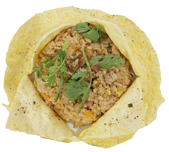 Close-up of a Chinese stuffed steamed bun filled with fried rice, garnished with cilantro and green onions.