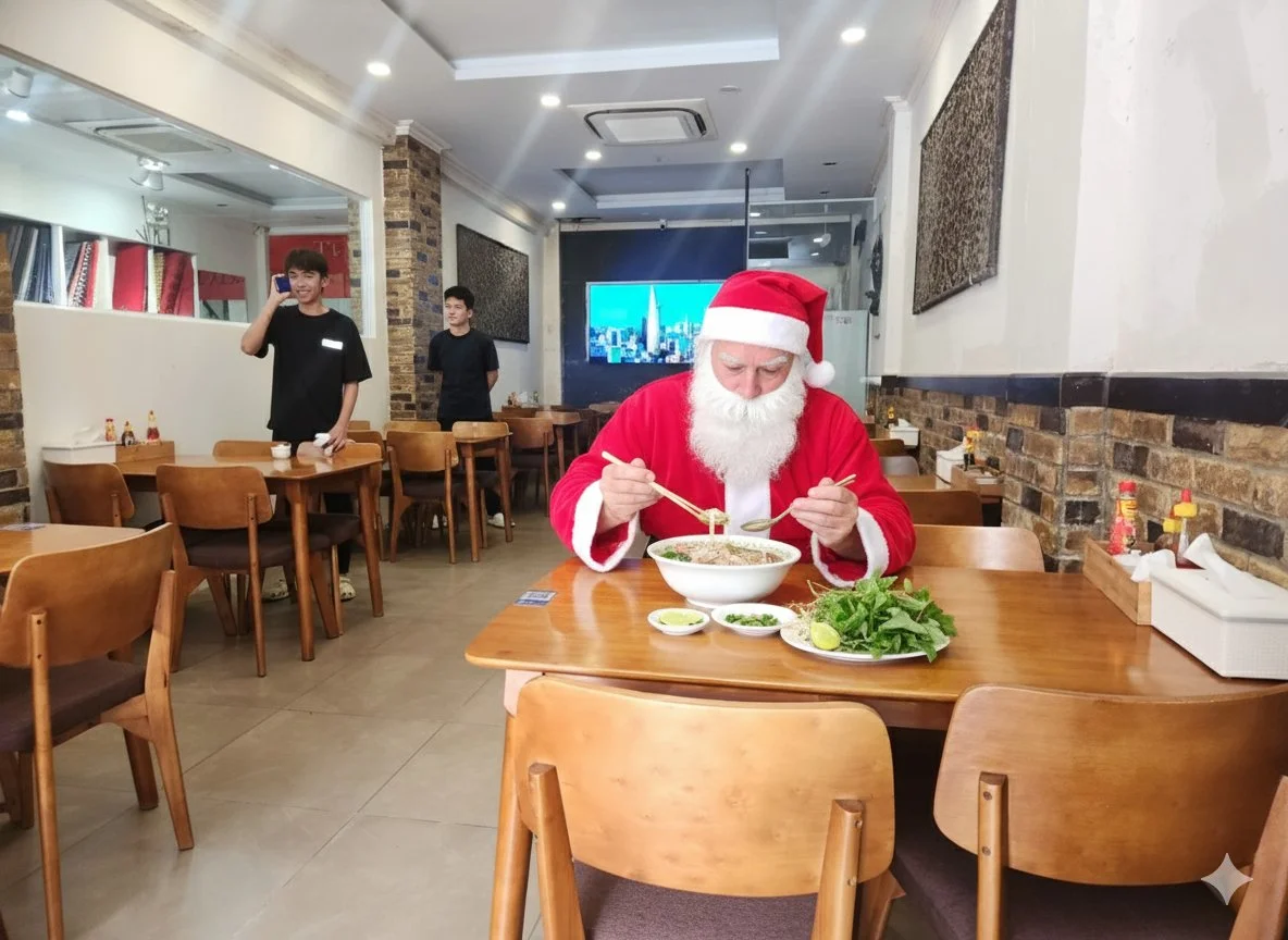 A person dressed as Santa Claus eating noodles at a restaurant