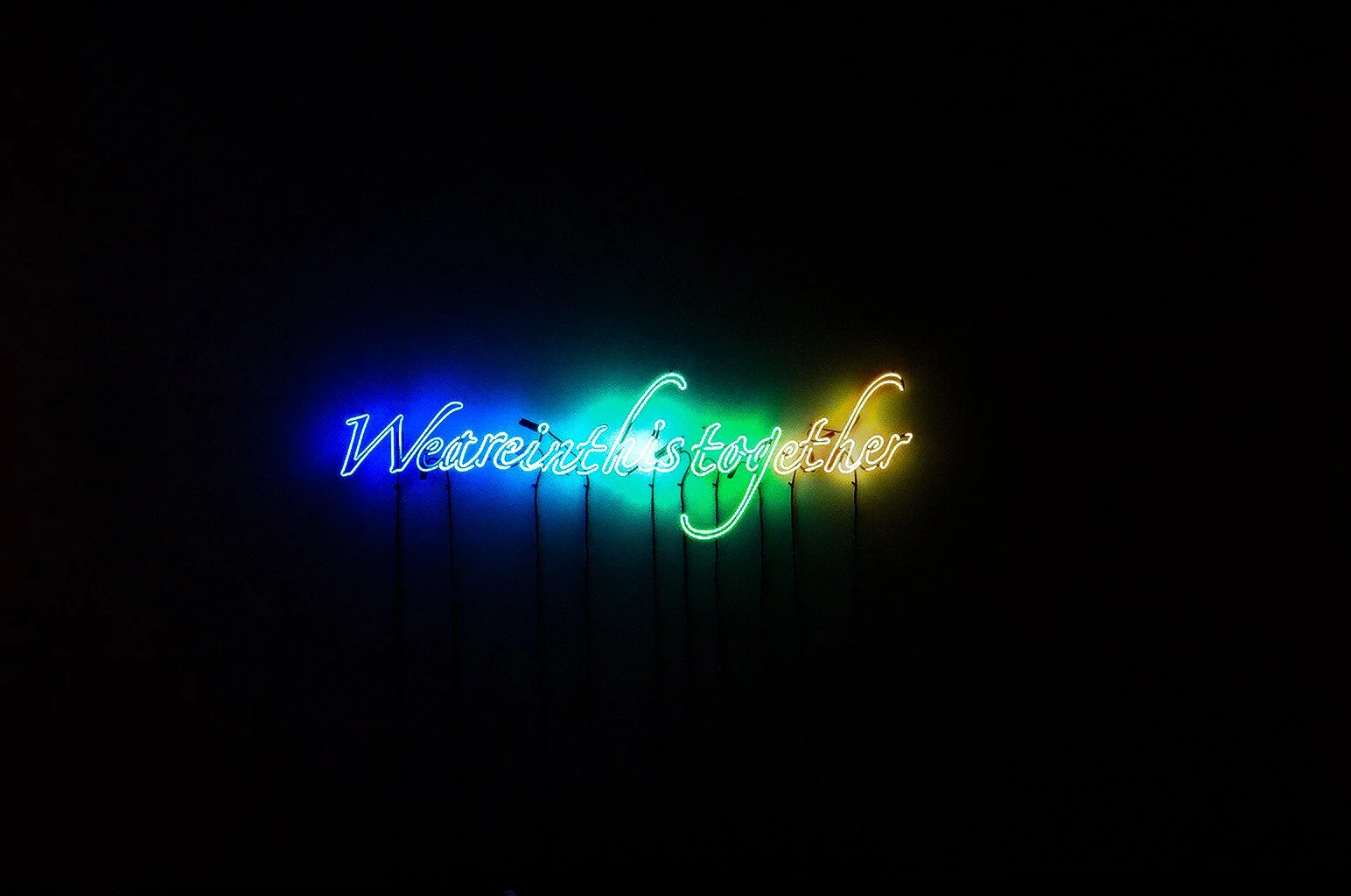 Colorful neon sign reading 'Wear in this together' against a black background.