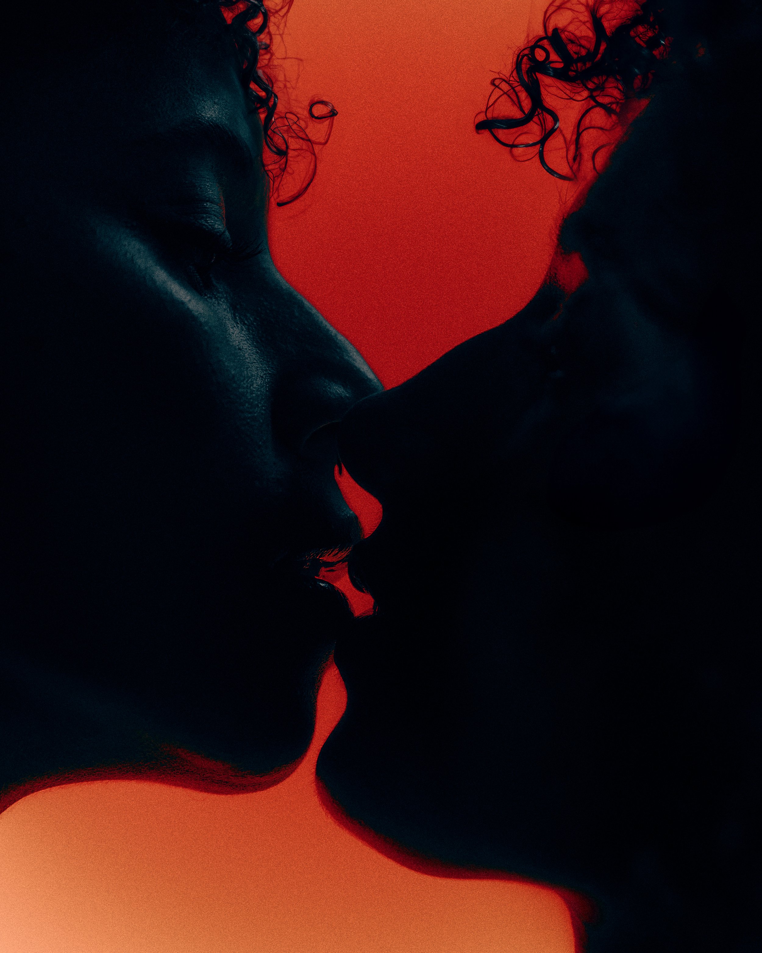Silhouette of two people face to face, almost touching, with a red background, one with curly hair and the other with straight hair.