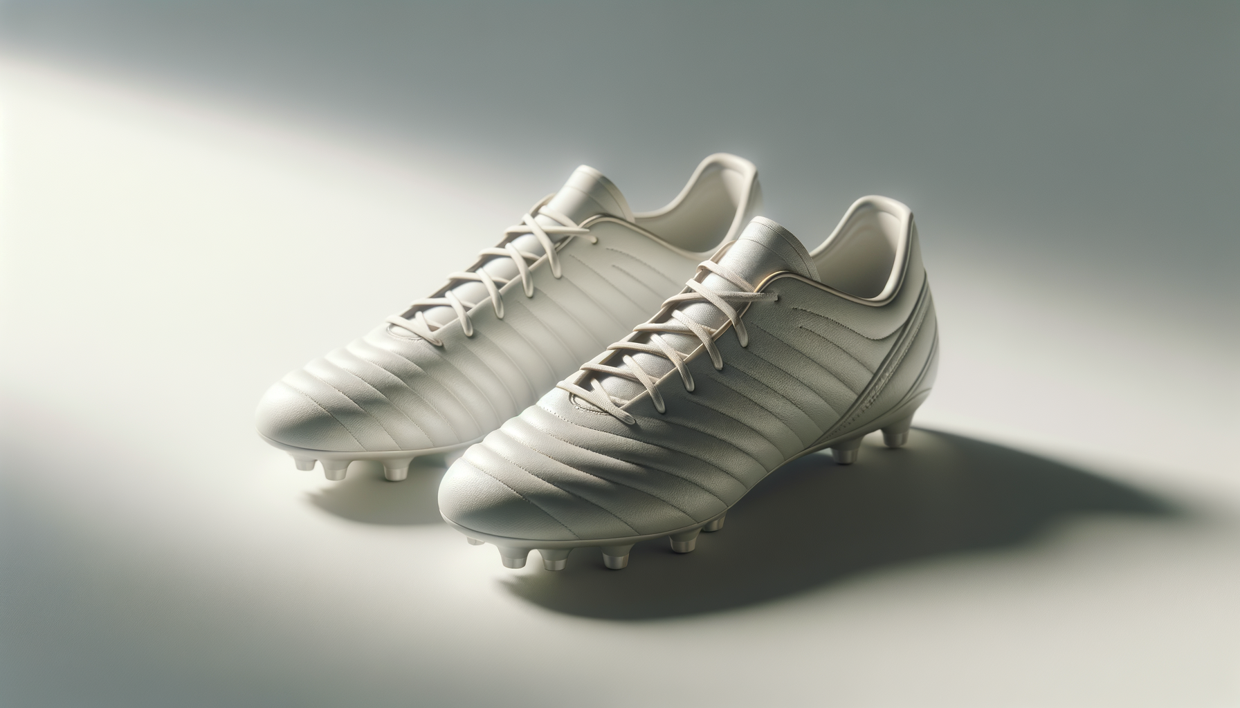 A pair of white soccer cleats with vertical stitching and laces, set against a neutral background.