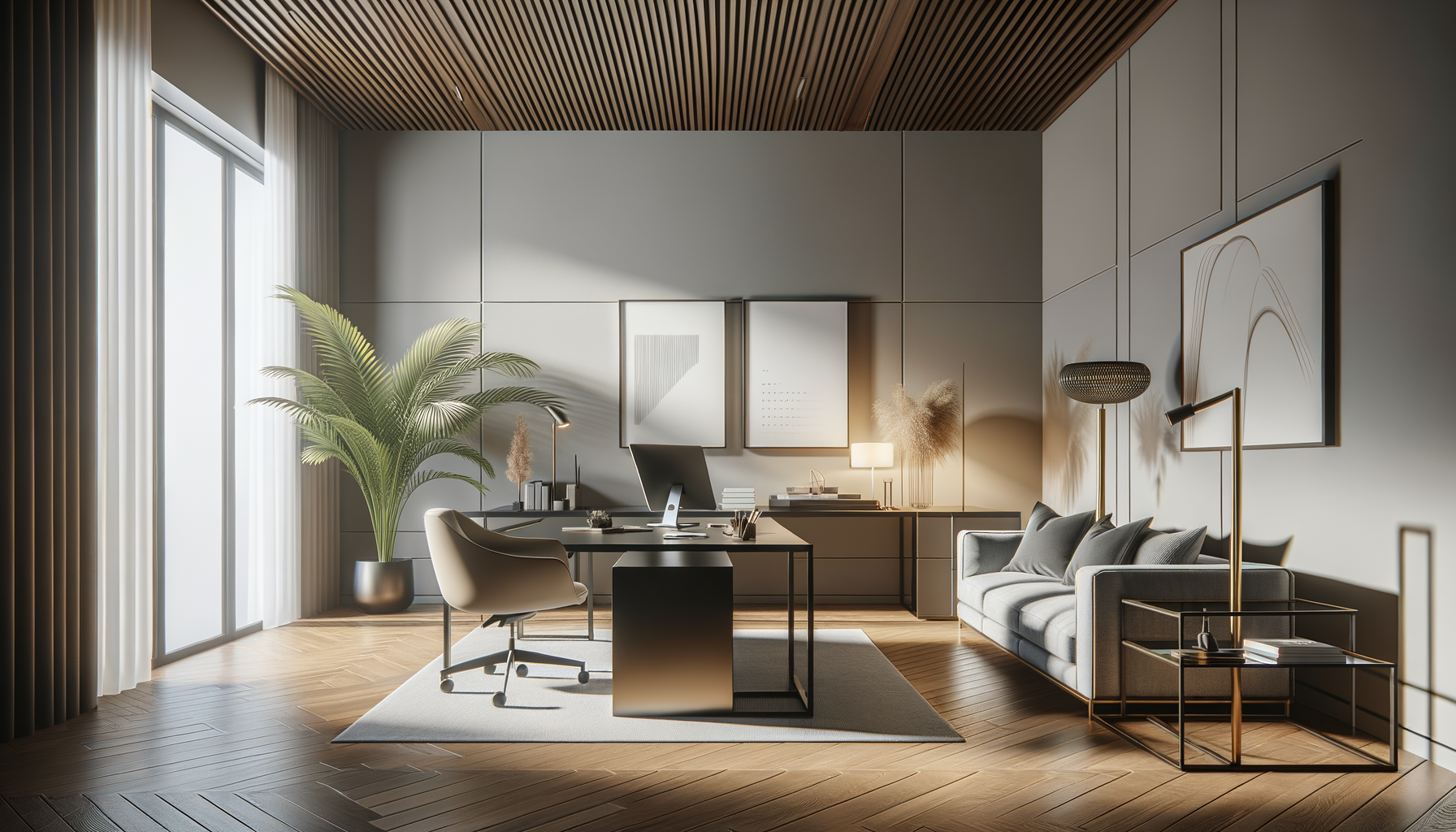 Modern home office with a large window, a potted plant, a central desk with a computer, chairs, a sofa, side tables, lamps, and minimalist artwork on the walls.