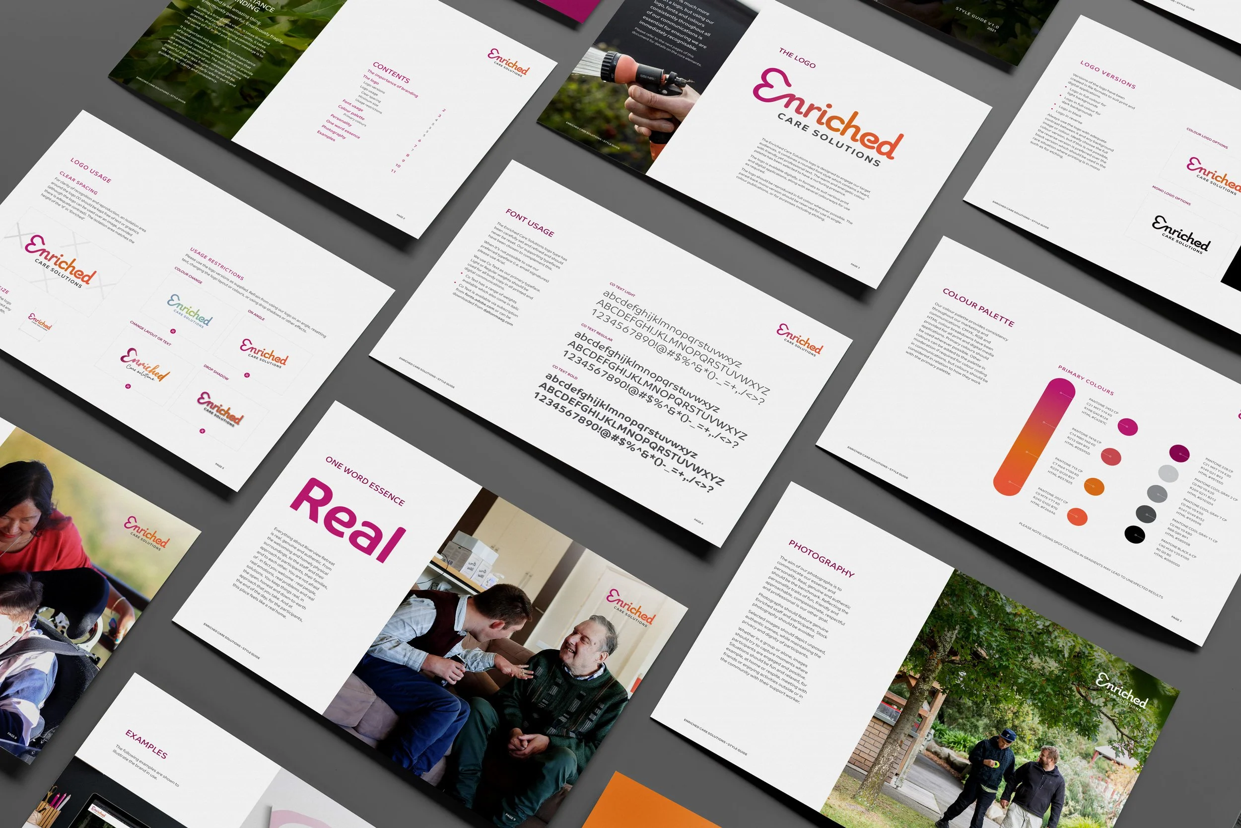 A collection of branding and marketing documents for Enriched Care Solutions, including logo guidelines, colour palette, font usage, photography, and content pages, displayed on a grey background.