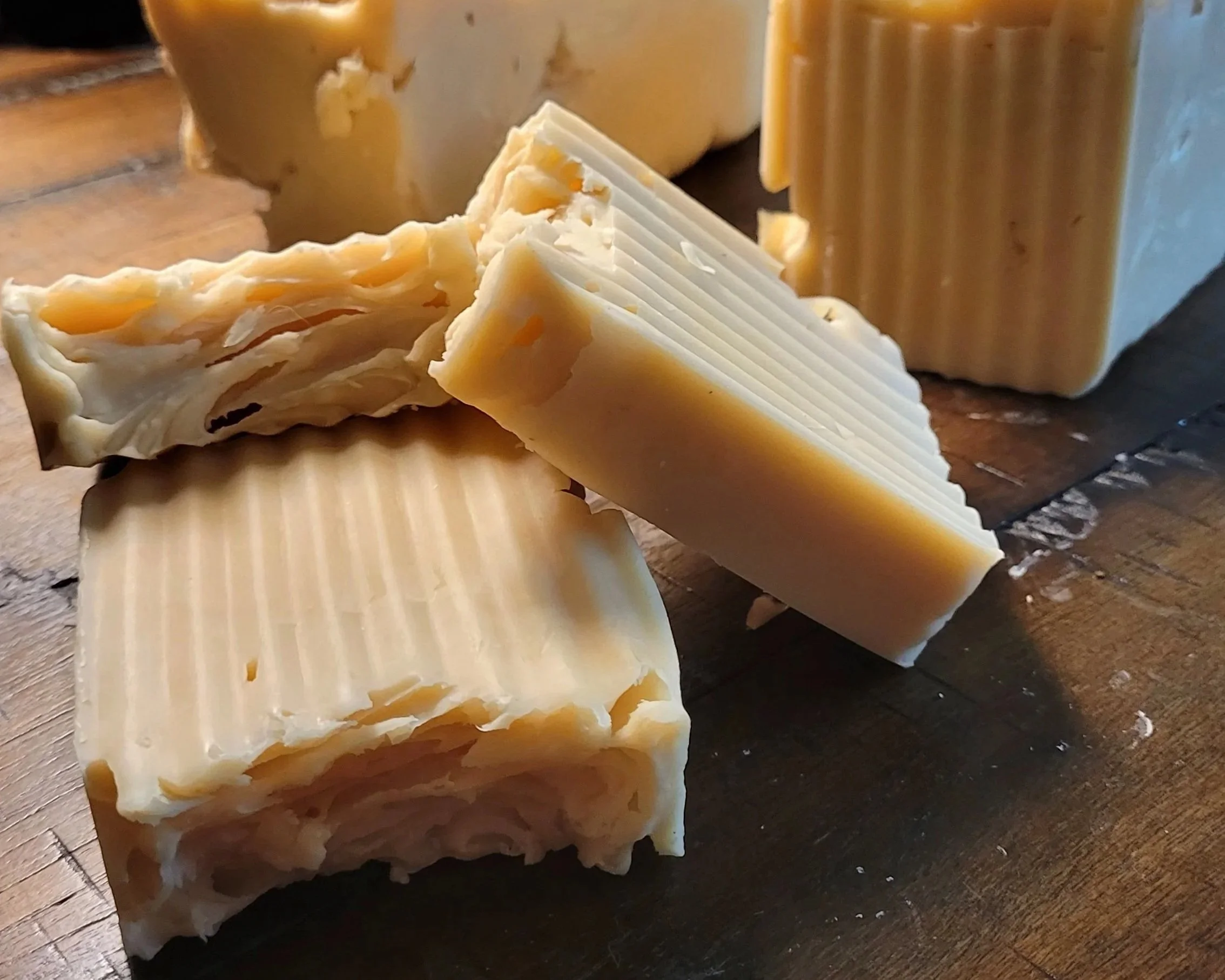 A batch of hand-poured, cold process soap has just been cut.