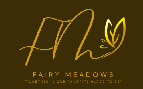 Logo with the text "Fairy Meadows" and a stylized leaf design, on a dark yellow background.