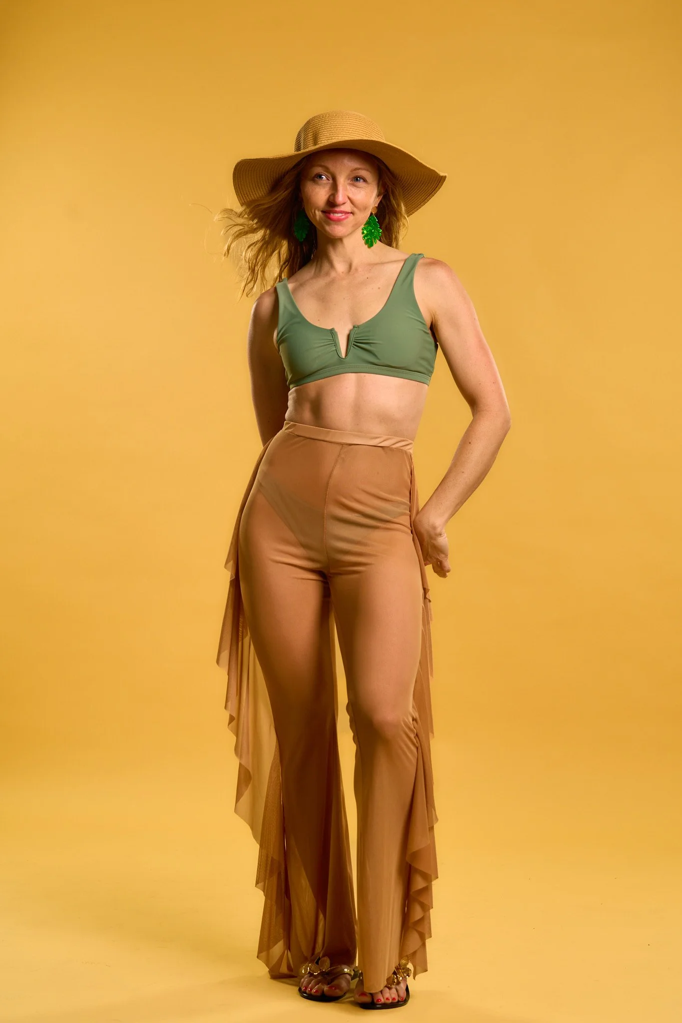 Mocha Sheer Mesh Ruffle Pants