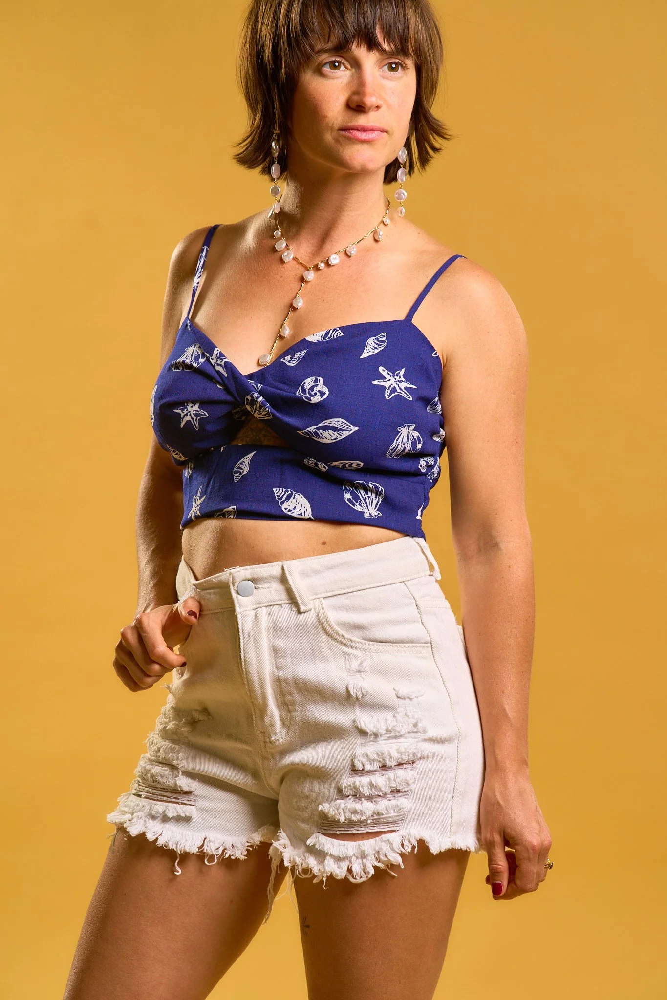 Navy Seashell Print Twist-front Crop Top