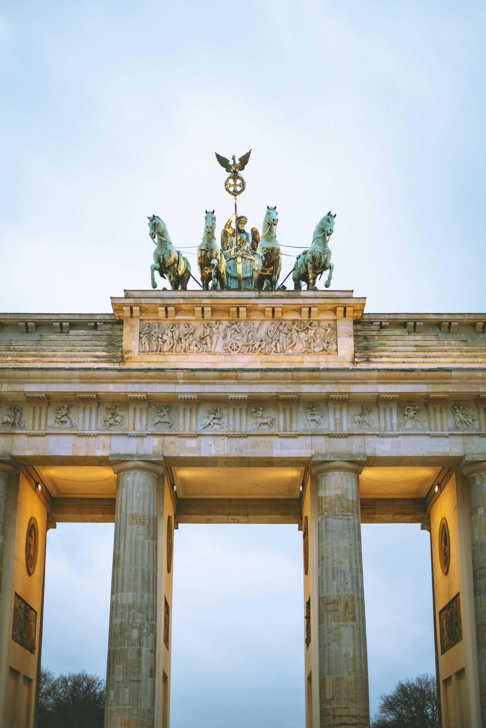 The Brandenburg Gate in Berlin, Germany, featuring the Chariot of Victory statue on top.