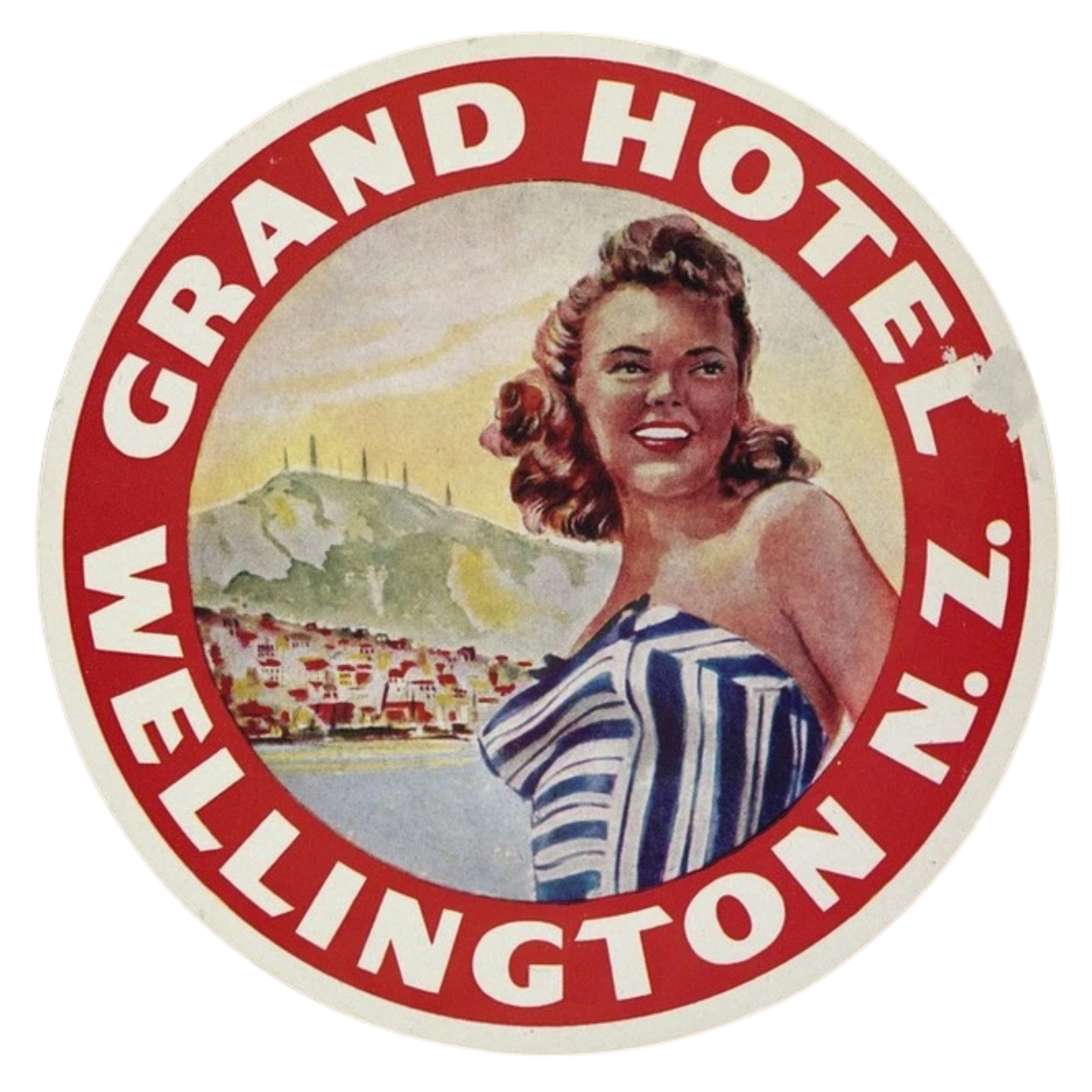 Vintage circular logo for the Woolworth's Great Hotel in Wellington, Z. Features a smiling woman with curly hair in a striped dress, background of a hillside with radio towers and a small town by a body of water.