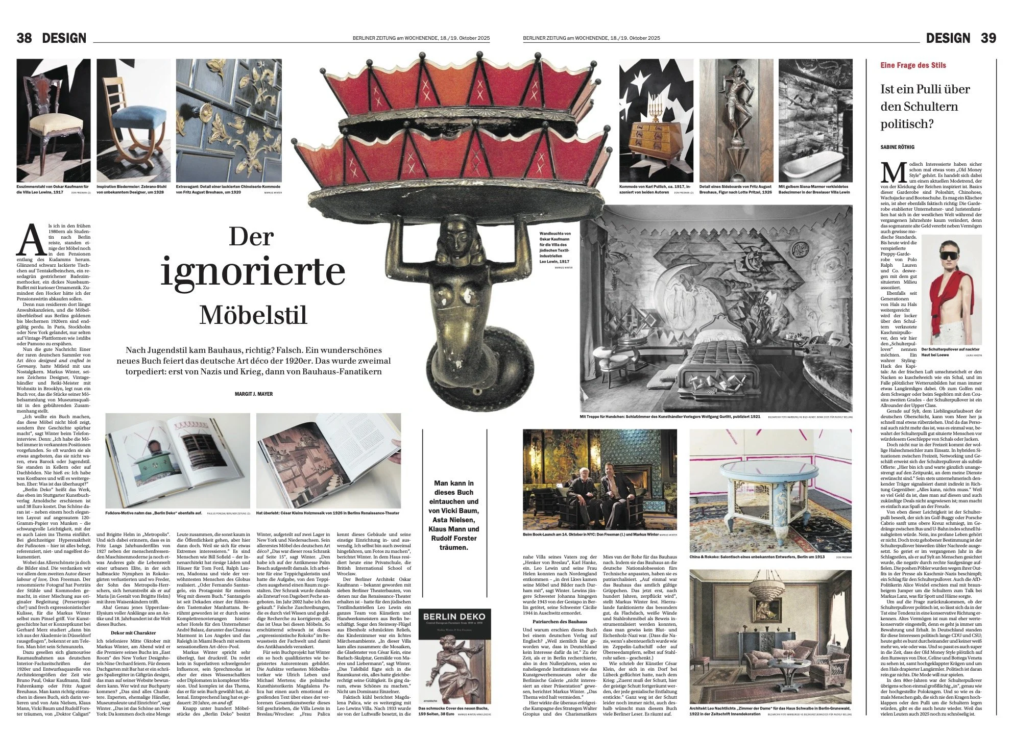 A newspaper spread discussing furniture styles, featuring images of various antique furniture pieces, a large red carousel horse sculpture, and contemporary decor, accompanied by text in German.