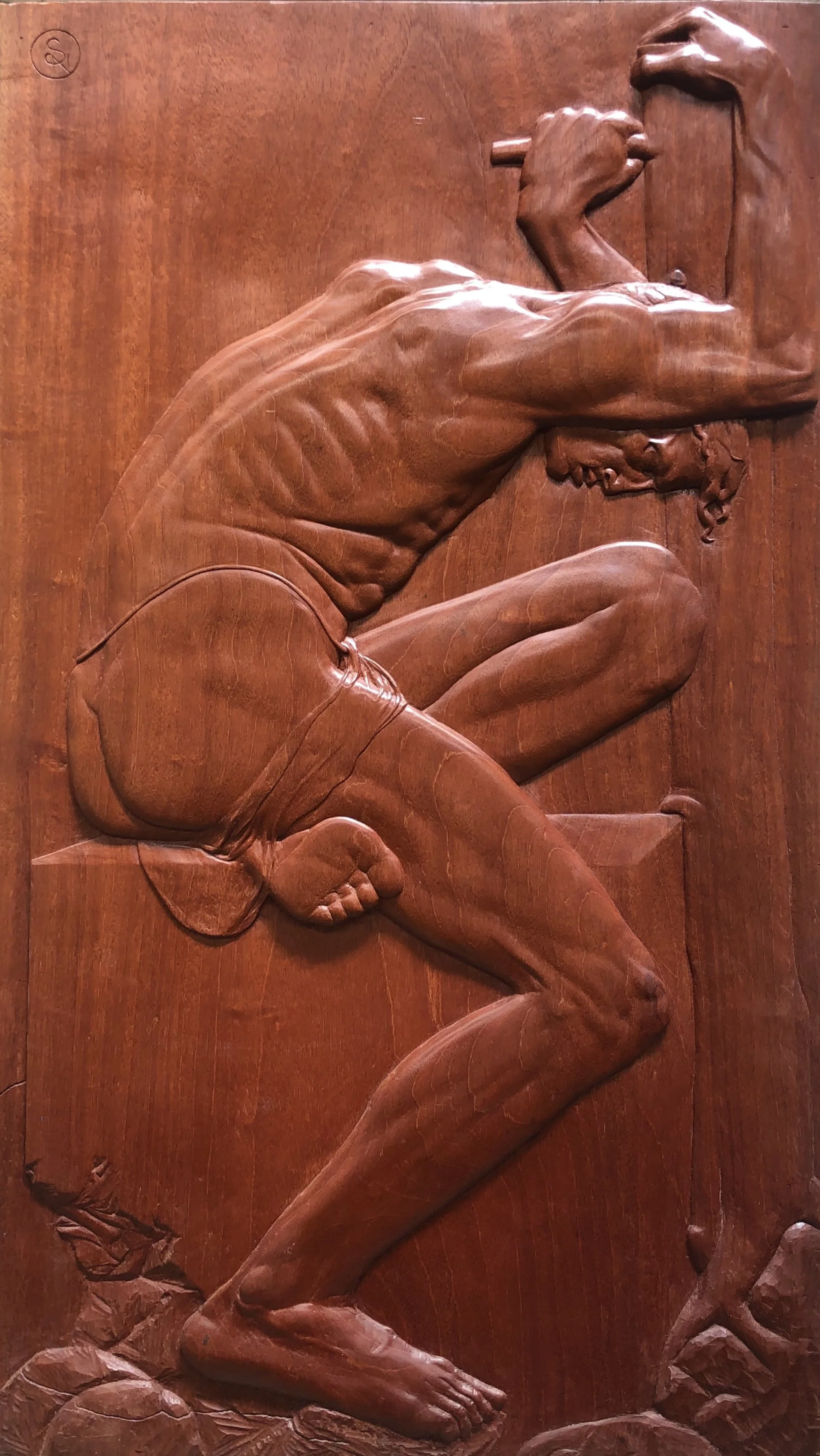 ‘SURVIVER’, woodcarving-brazilian mahogany, (1000 x 580 mm), Adelaide 1989-1990.