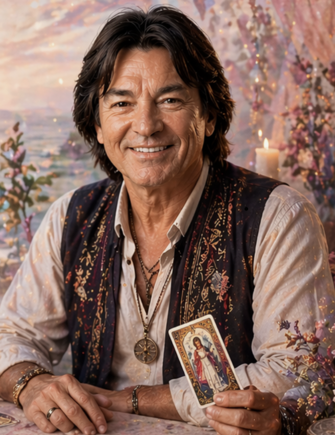 Un homme souriant tenant une carte de tarot, entouré de décorations florales et de bougies.