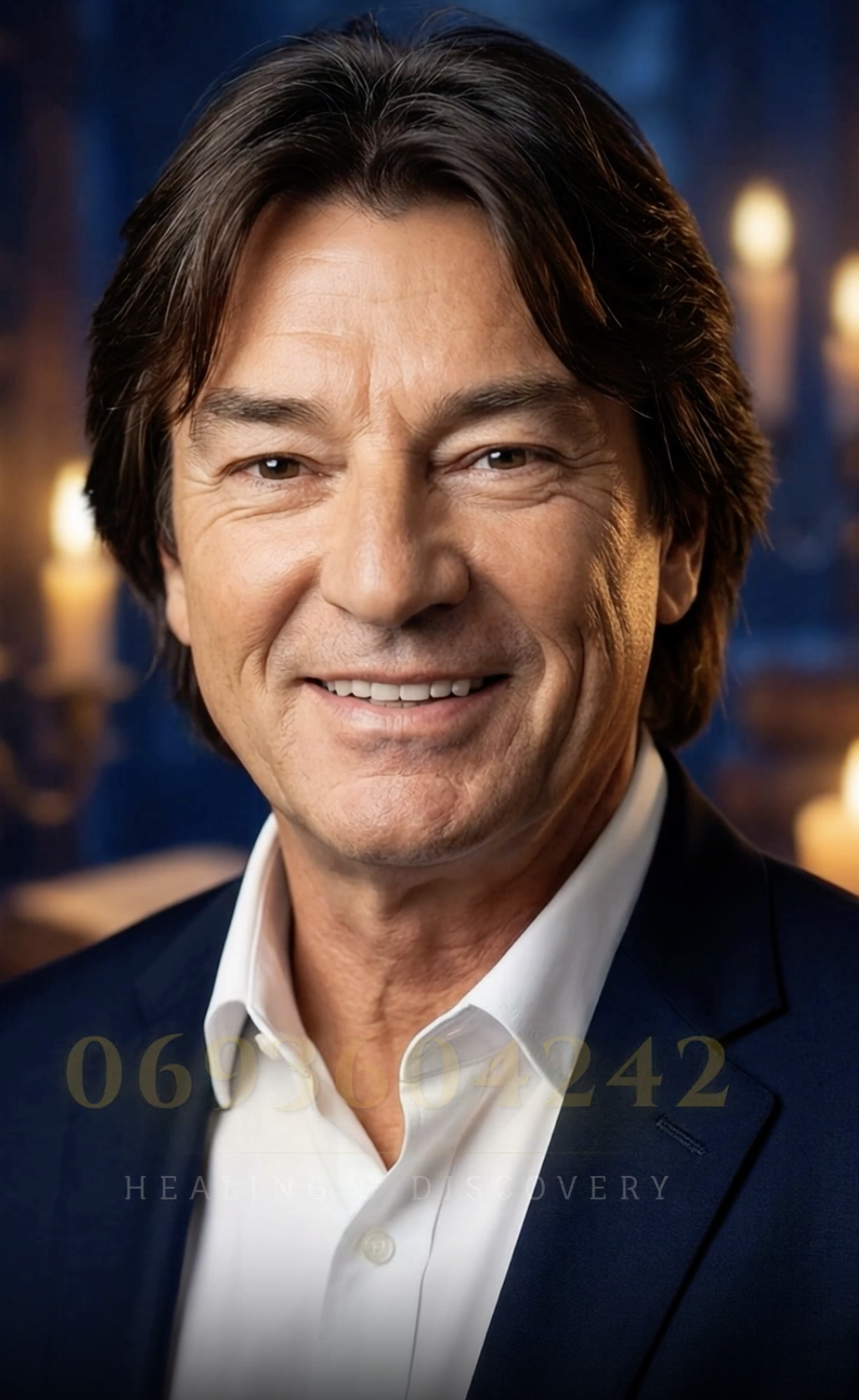 Un homme d'âge moyen avec des cheveux bruns souriant, portant un costume bleu foncé et une chemise blanche, fond flou avec des bougies allumées.