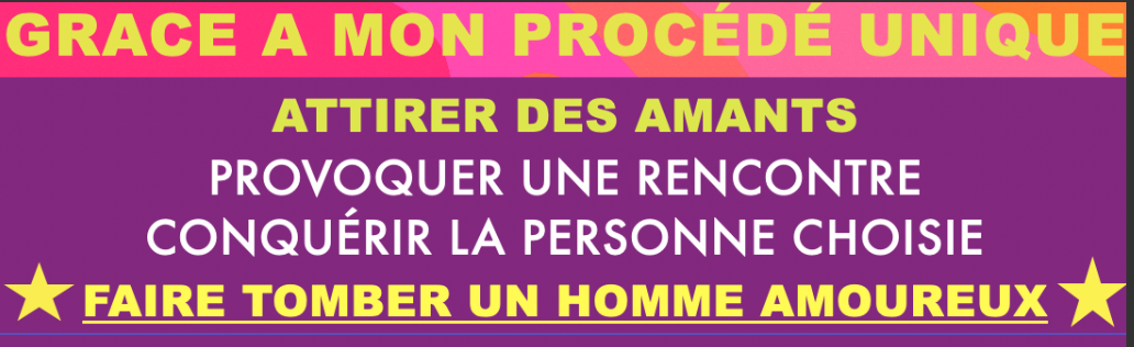 Les textes colorés sur un fond violet avec des étoiles jaunes incluent des conseils pour attirer l'amour, comme utiliser une méthode unique, provoquer une rencontre, conquérir la personne choisie et faire tomber un homme amoureux.