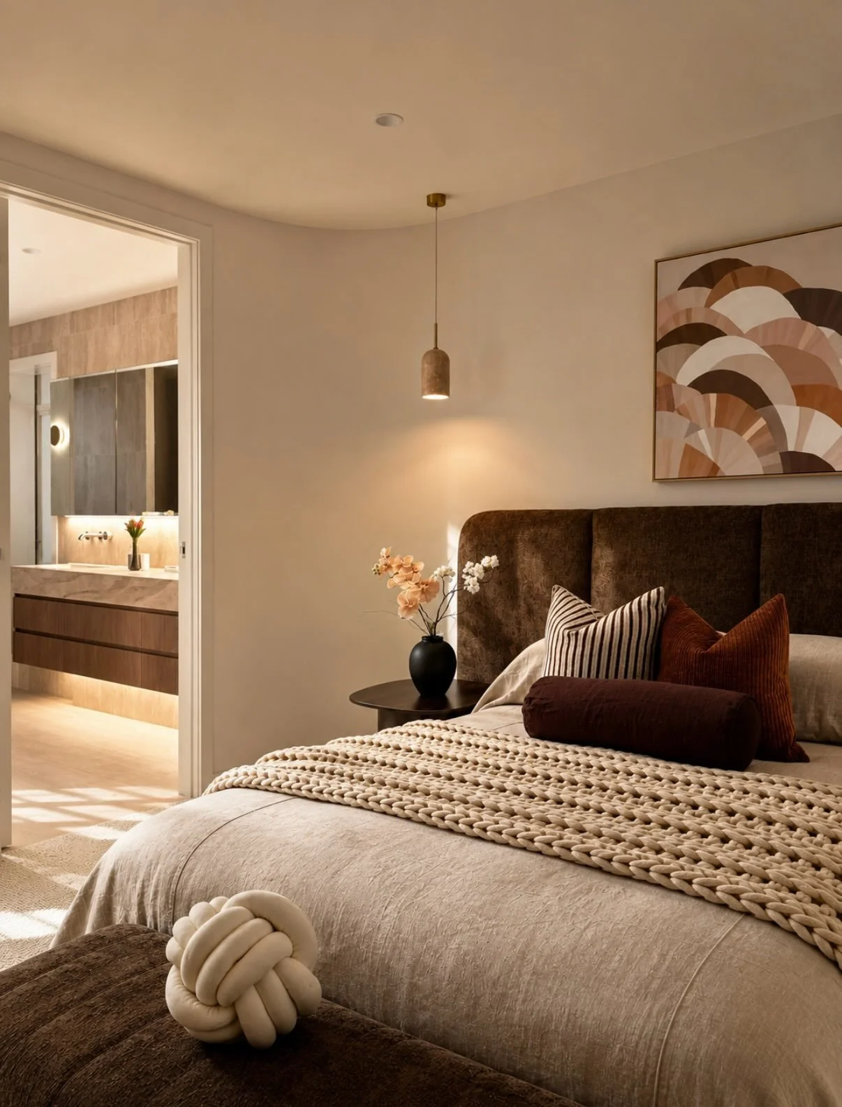 Another new development, styled by Nova.

This one came with a strong material palette: curved forms, warm timber, layered stone and considered architectural lighting.

We carried those details through the styling with rich chocolate and rust tones, 