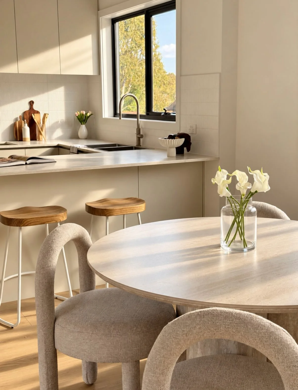 One of three townhouses we styled in this latest development.

Red brick and matte black outside. Warm tones and softer layers within. A considered contrast that makes this modern kitchen feel inviting and lived in.

Styled by @novahomestaging 
Built
