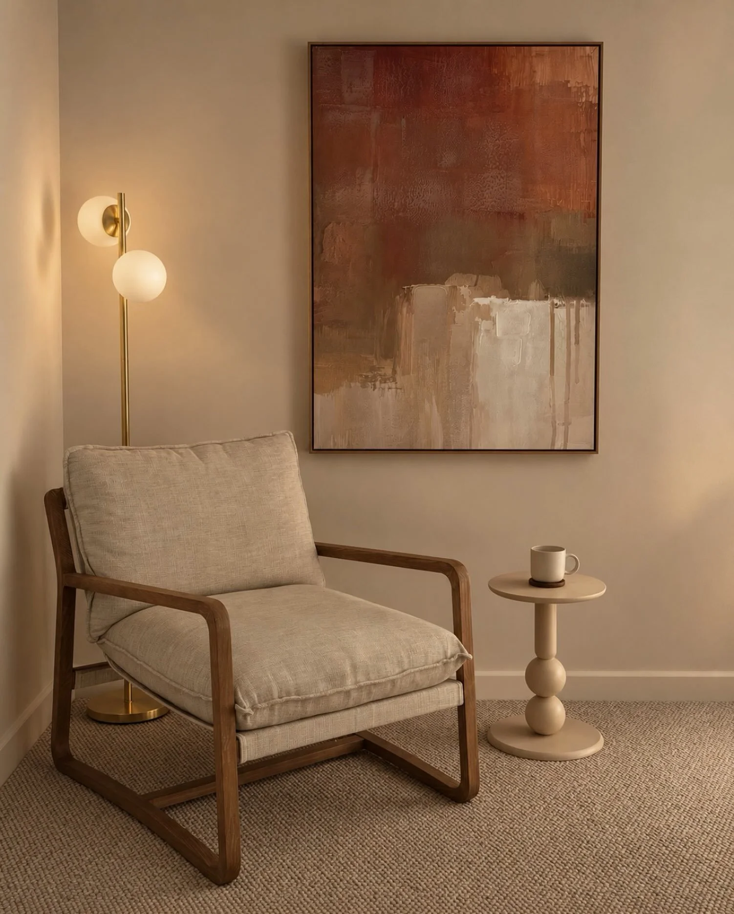 One of our favourite parts of styling is the accidental moments. A chair, a painting and a side table come together and suddenly there&rsquo;s a little European warmth happening. Soft neutrals, sculptural forms, understated luxury - completely unplan