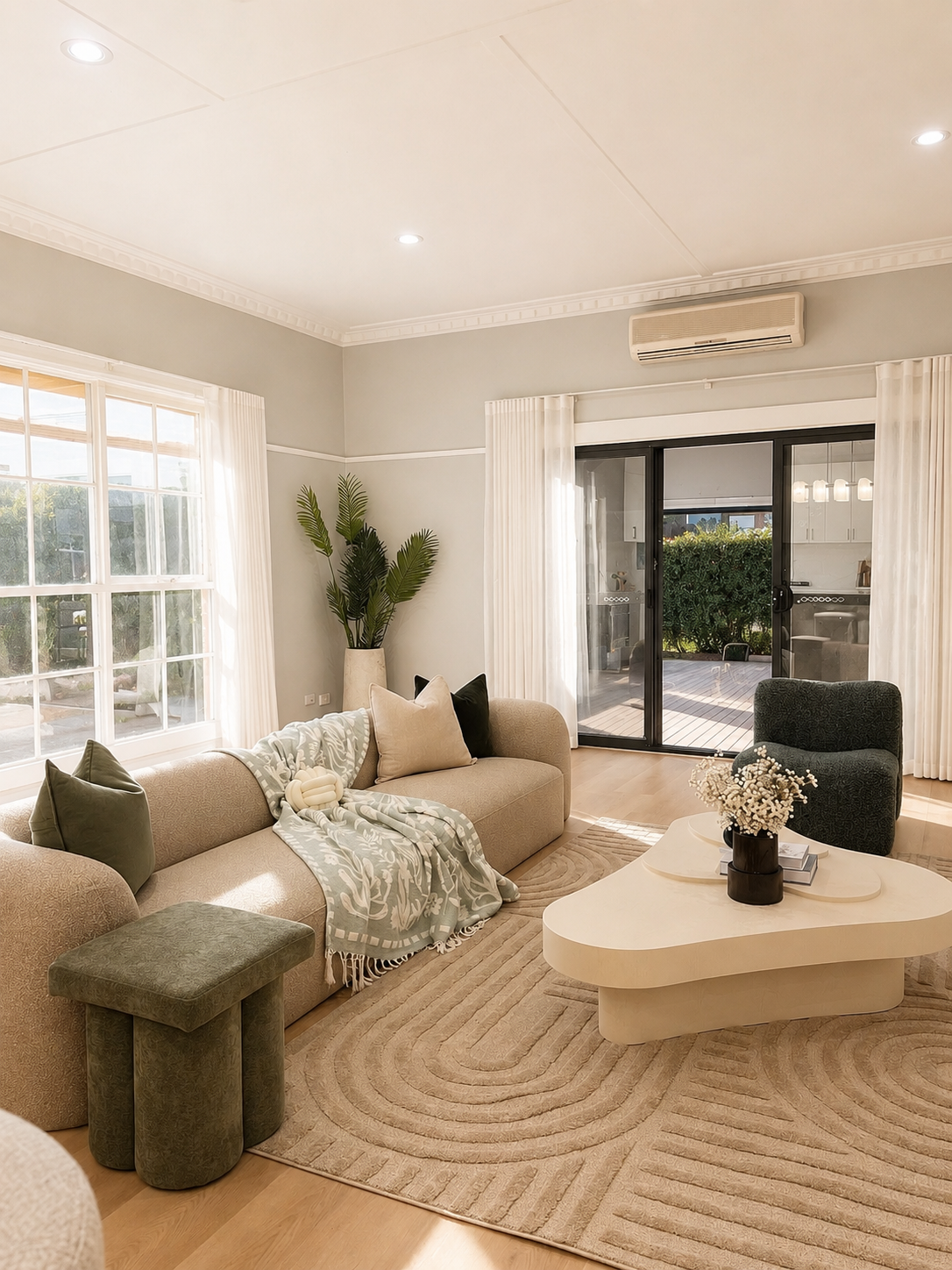 Living room with a fireplace, mounted TV, built-in shelves with decorative items, a sofa with throw pillows, a coffee table with books, and large windows with curtains leading to an outdoor patio.