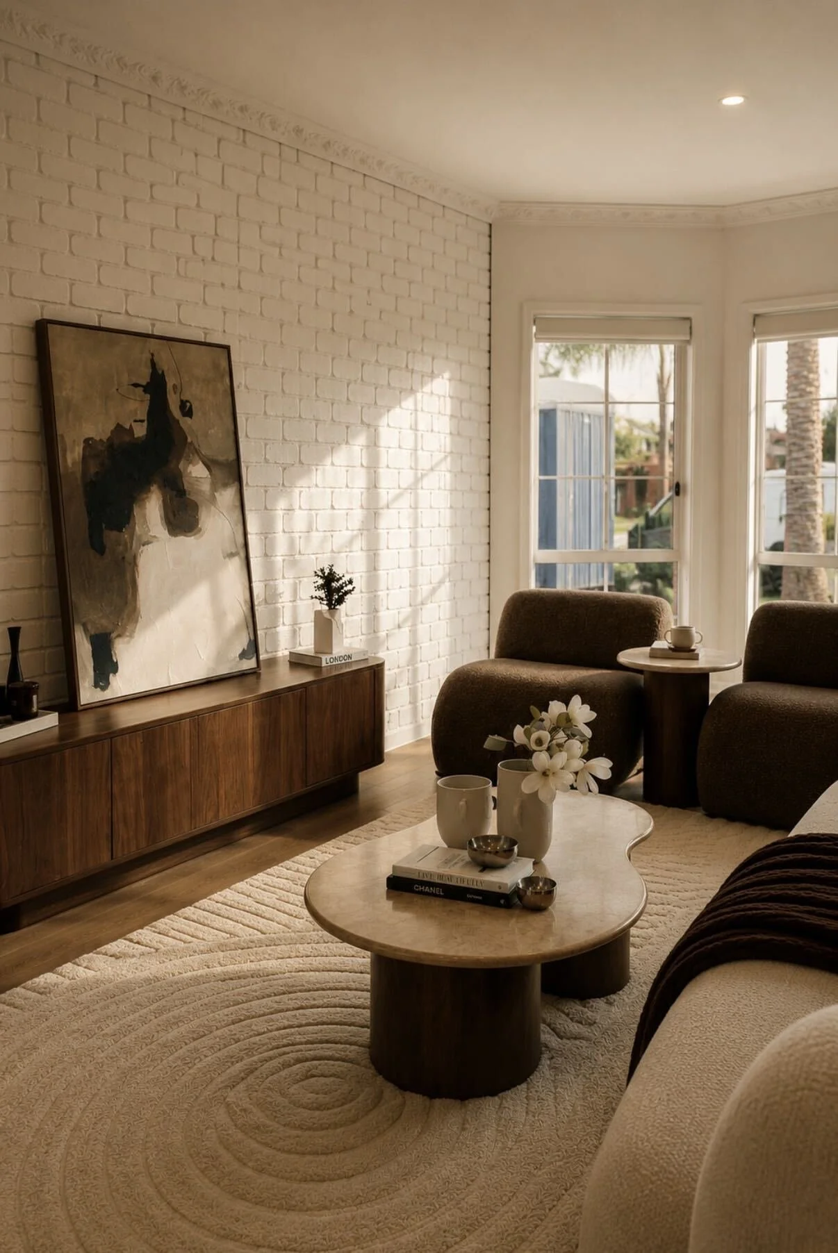 Interior of a sunlit living room showing a beige armchair with a pillow and throw blanket, a wall-mounted flower arrangement, a glass door leading to an outdoor patio with seating, potted plants, and wooden beams on the ceiling.