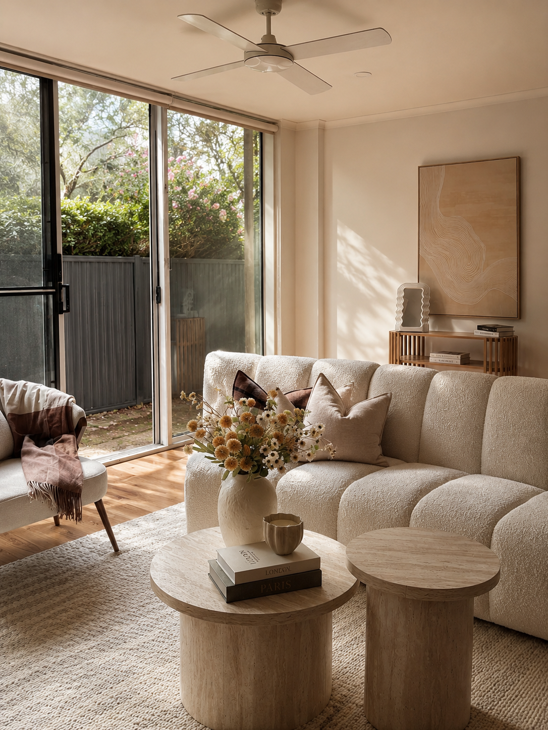 Living room with a fireplace, mounted TV, built-in shelves with decorative items, a sofa with throw pillows, a coffee table with books, and large windows with curtains leading to an outdoor patio.