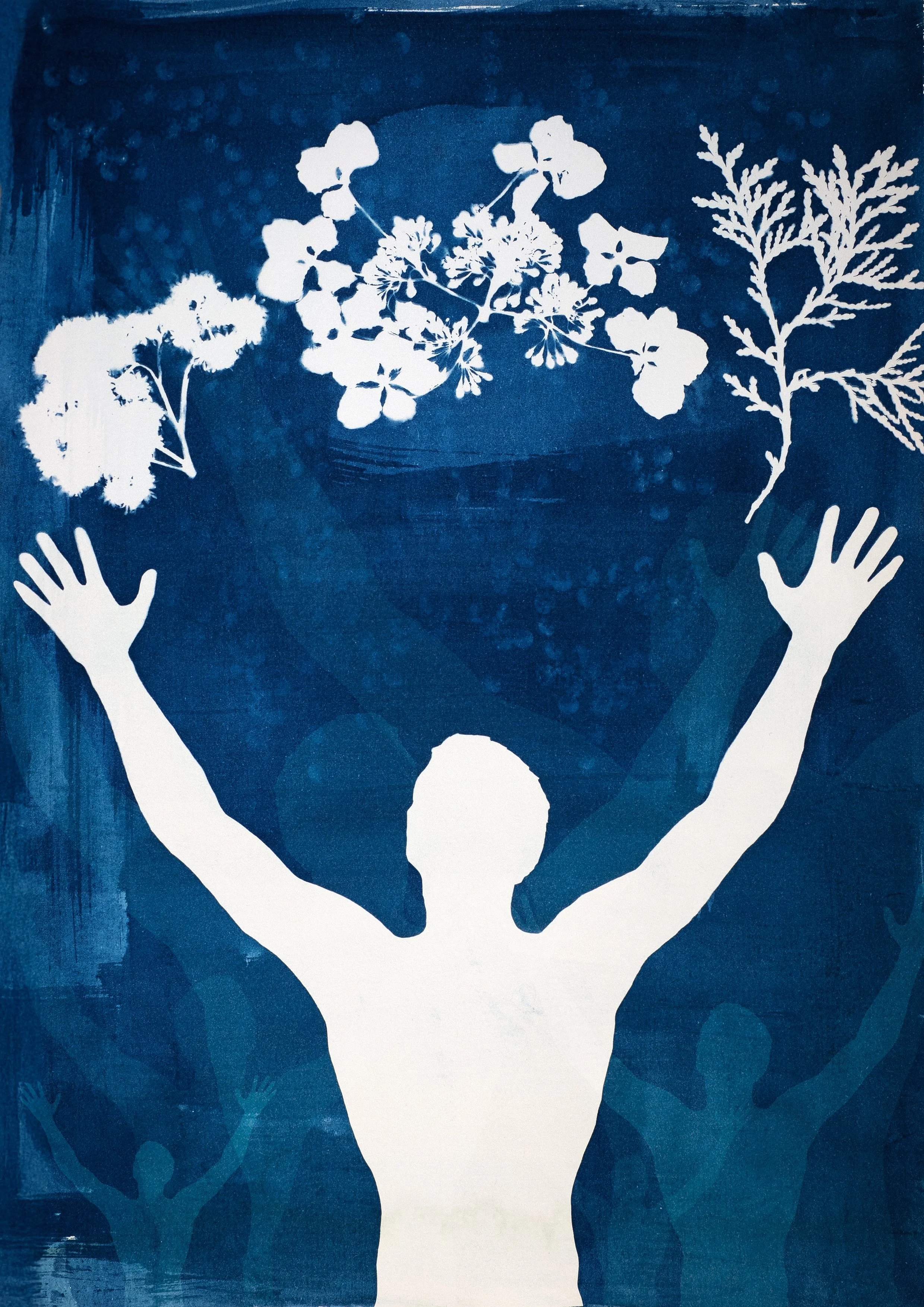 Silhouette of a person with arms raised, with stylized flowers above and smaller figures in the background.