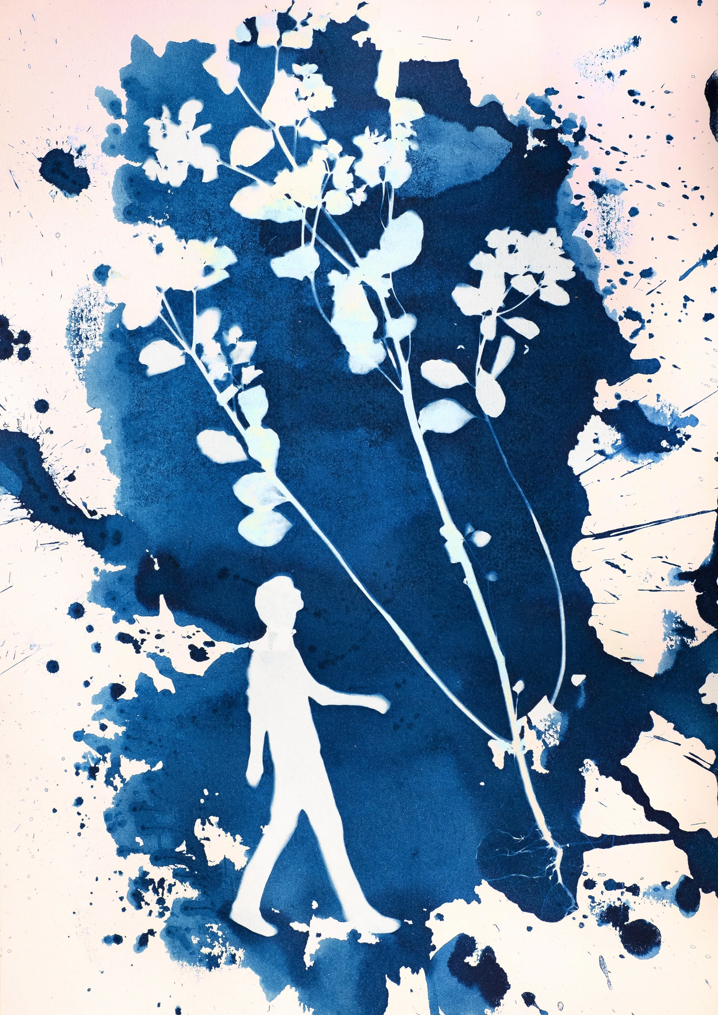 Blue watercolor splashes with a white silhouette of a walking person and silhouette of a plant with flowers.