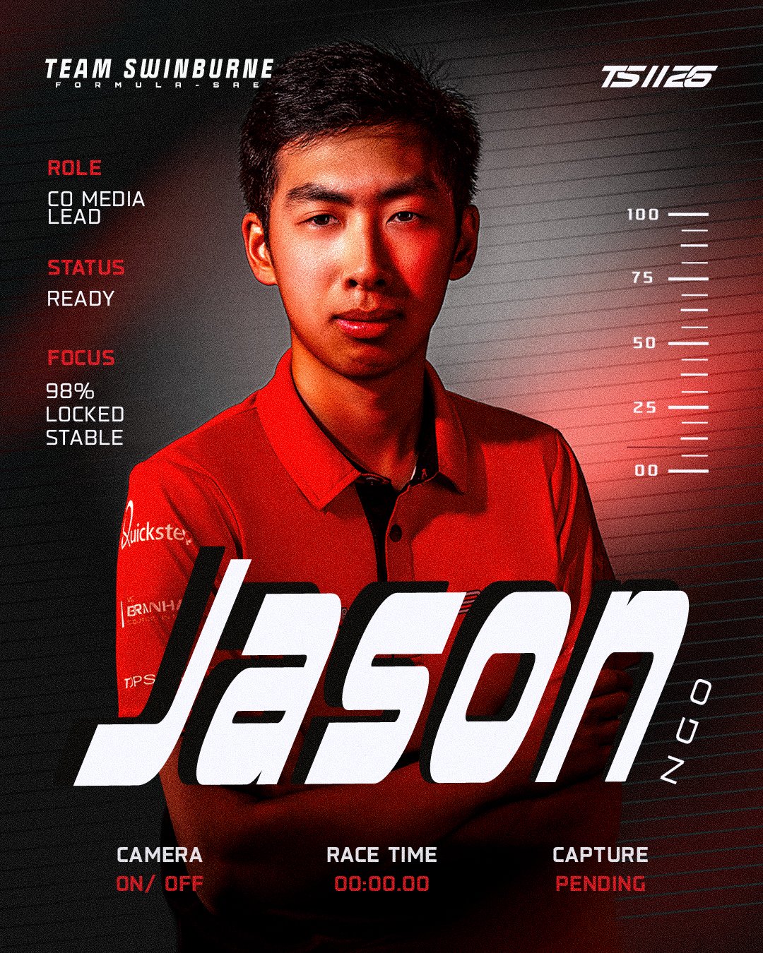 Portrait of a young man in a red sports shirt with racing graphics and text, including the name Jason, race details, and team information, set against a racing track background.