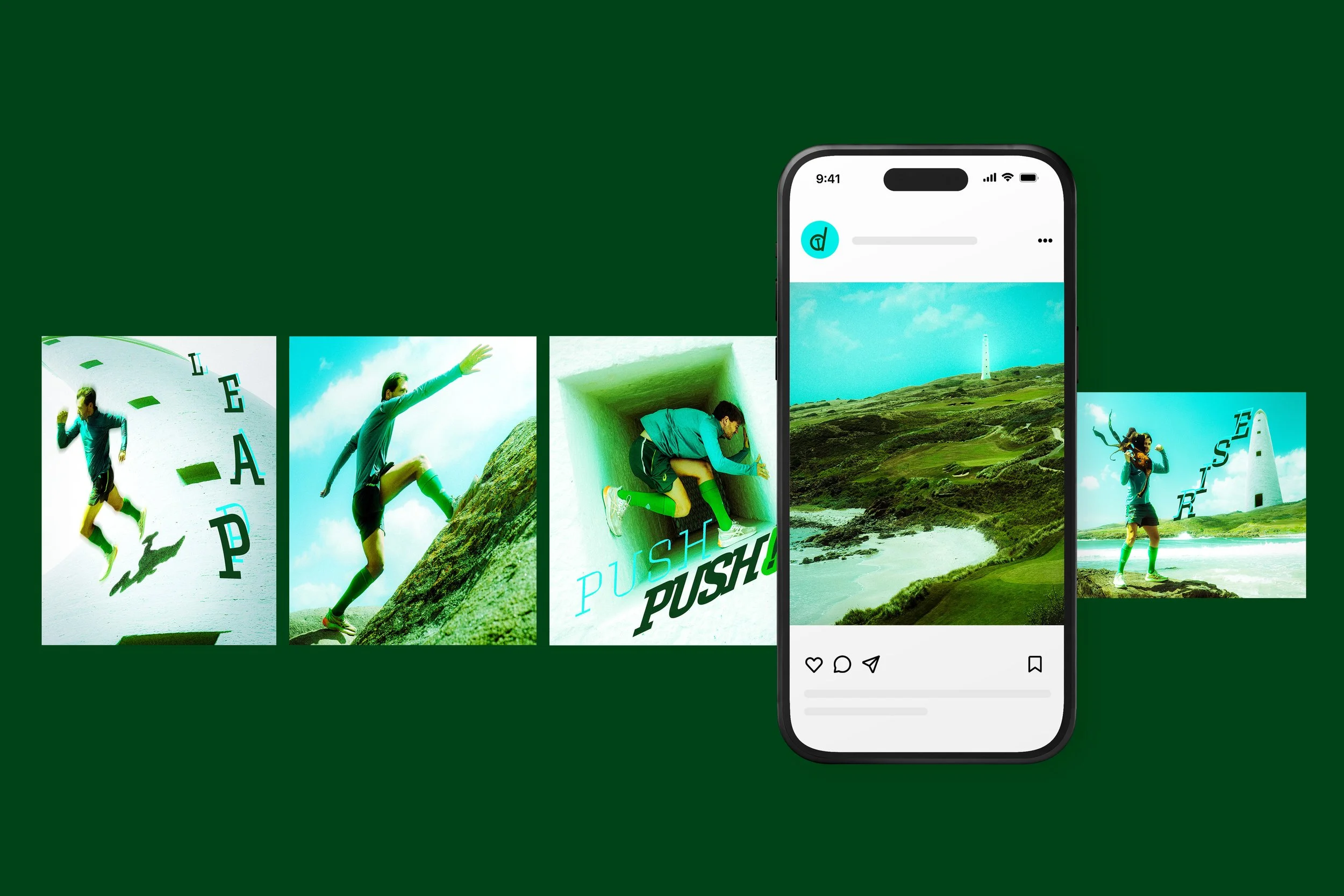 A collage of outdoor adventure scenes with a person climbing, running, and jumping, displayed around a smartphone screen showing a landscape image of rolling green hills and a lighthouse.