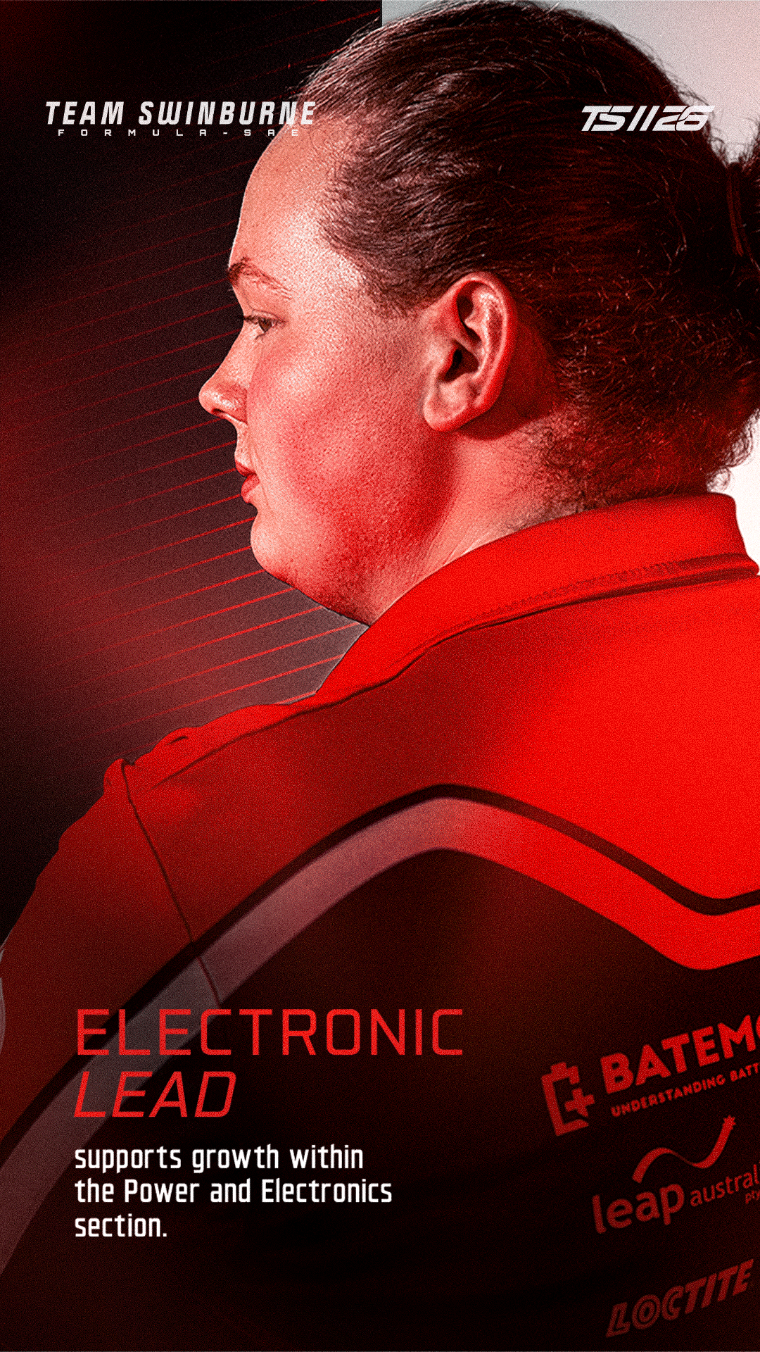 Side profile of a woman with dark hair wearing a red and black sports shirt on a red background, promoting electronic lead and electronics growth support.