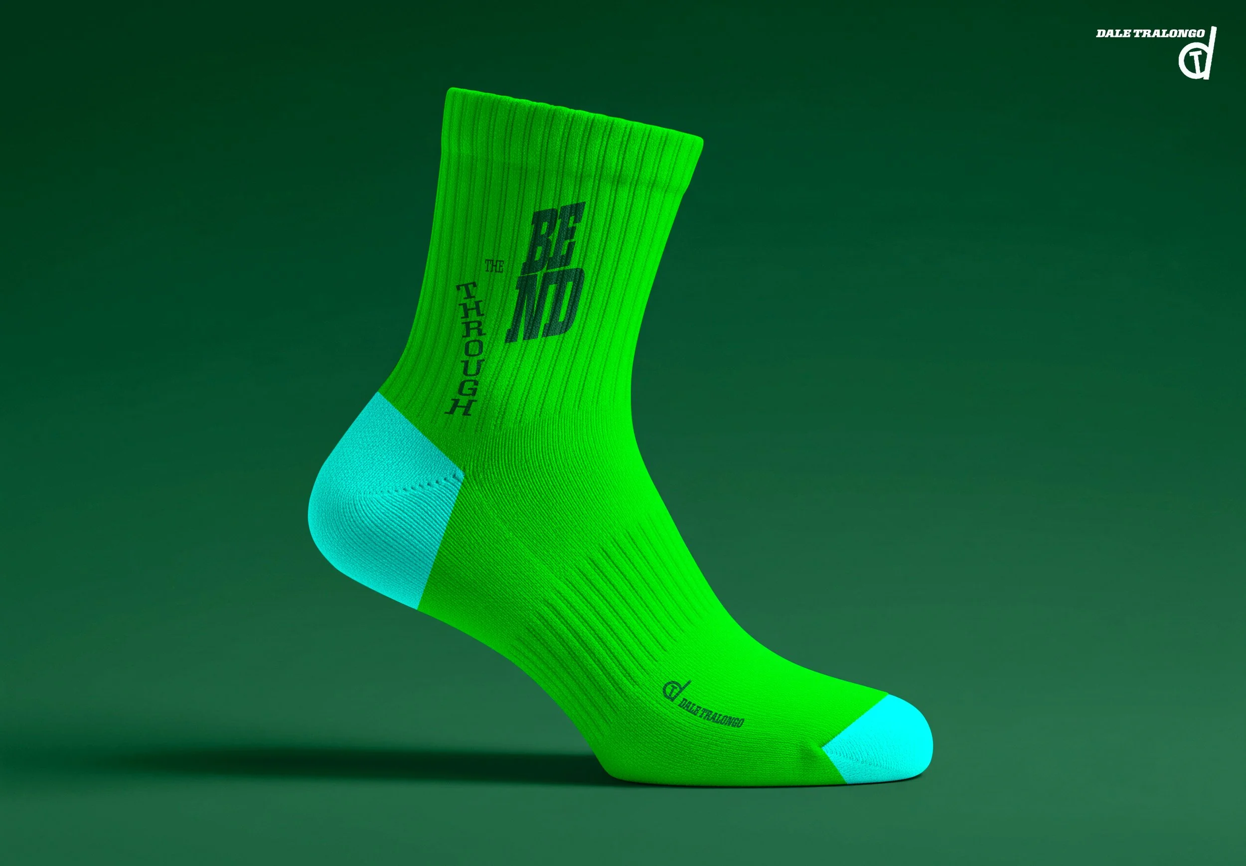 A single bright green athletic sock with blue accents at the toe and heel, displaying text and logos in black and white, set against a solid green background.