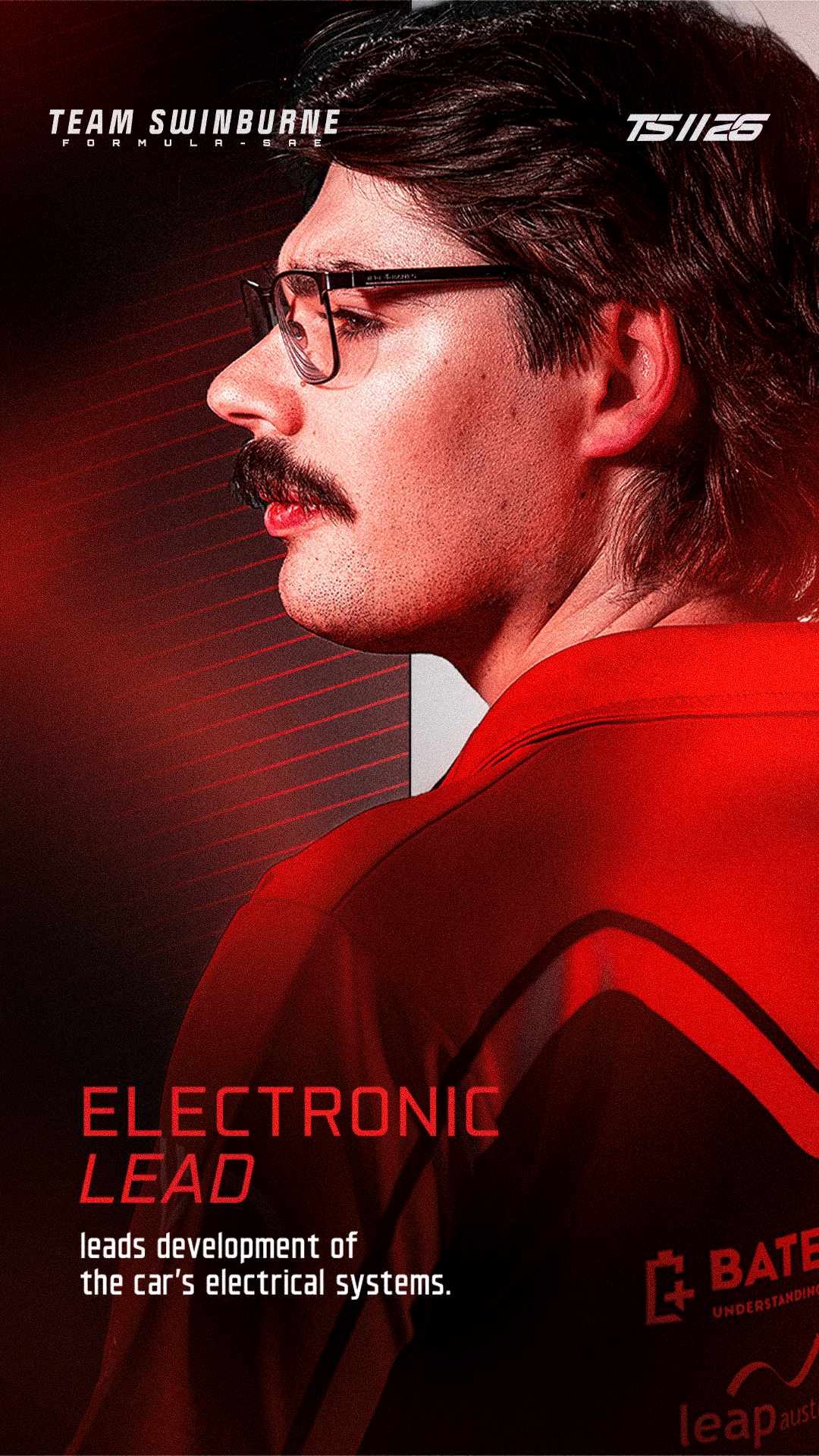 Close-up of a man with dark glasses, mustache, and styled hair, wearing a red jacket, looking to the left, with a dark background with red accents and text related to electronic lead development.