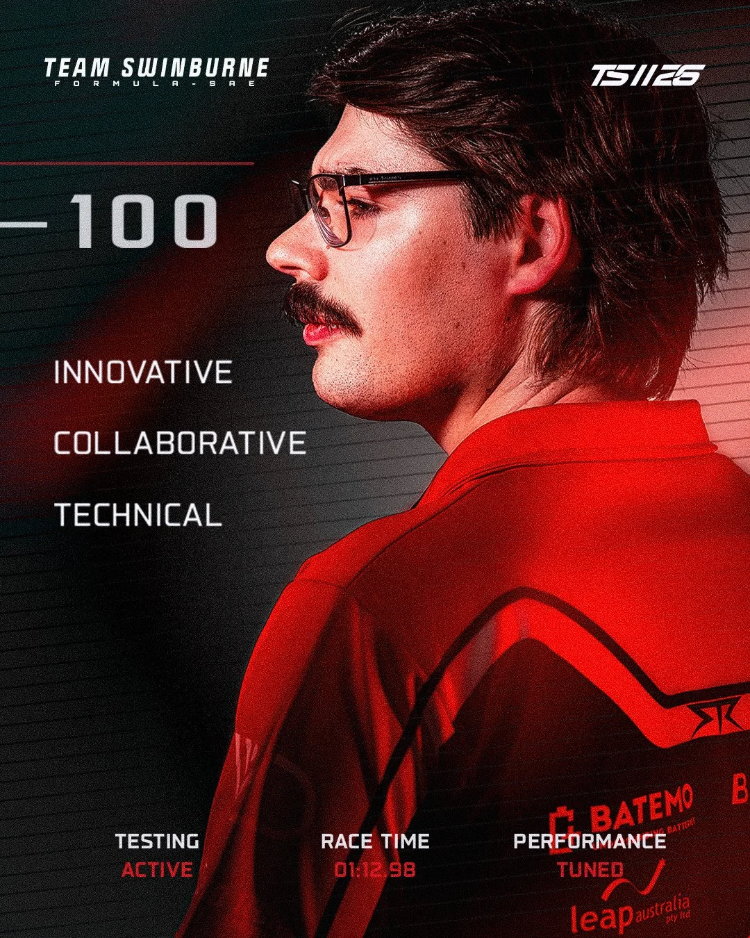 Profile of a man with glasses and a mustache, wearing a red racing suit with 'BATO' and 'leap australia' written on it, against a dark background with technical and race-related text.