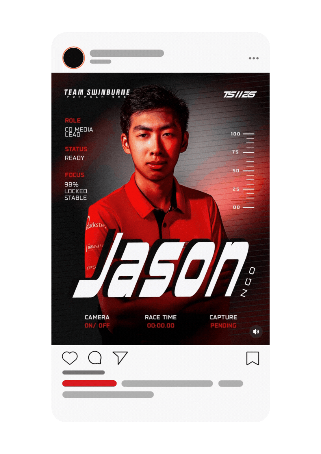 A digital profile display of a young man named Jason, wearing a red team uniform with sponsors, with statistics and status indicators around him, resembling a racing or gaming profile