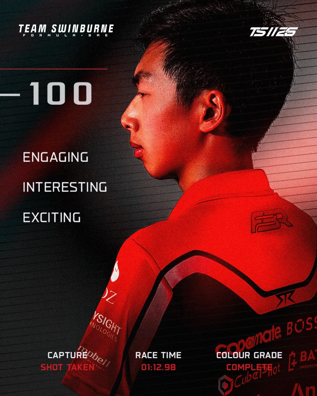 Profile of a young man in a red racing suit with sponsor logos, standing against a dark background with red and white text and graphics related to racing performance.