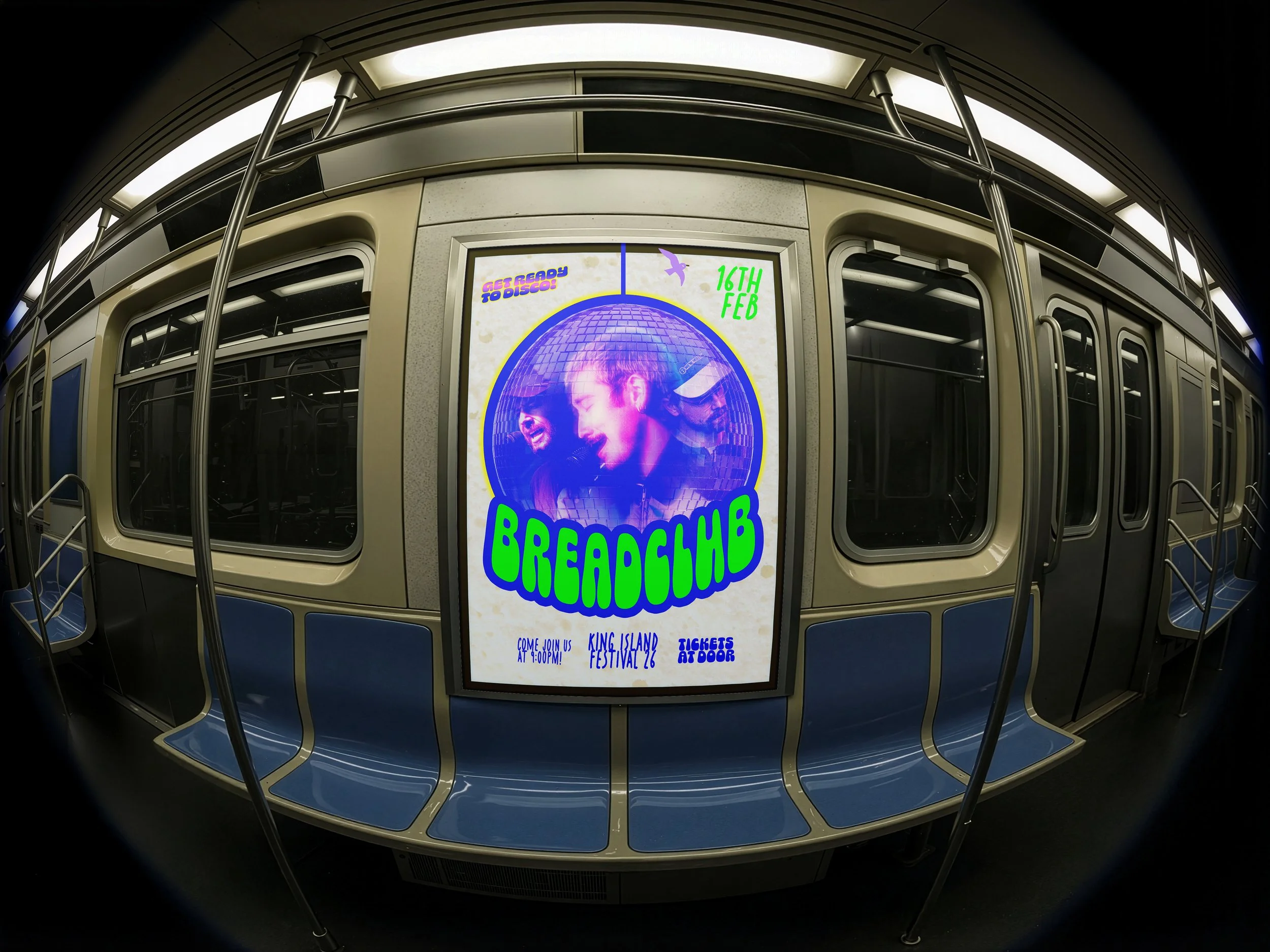 Underground subway train with a digital poster advertising a music event called Breadhub with an image of three people and event details.