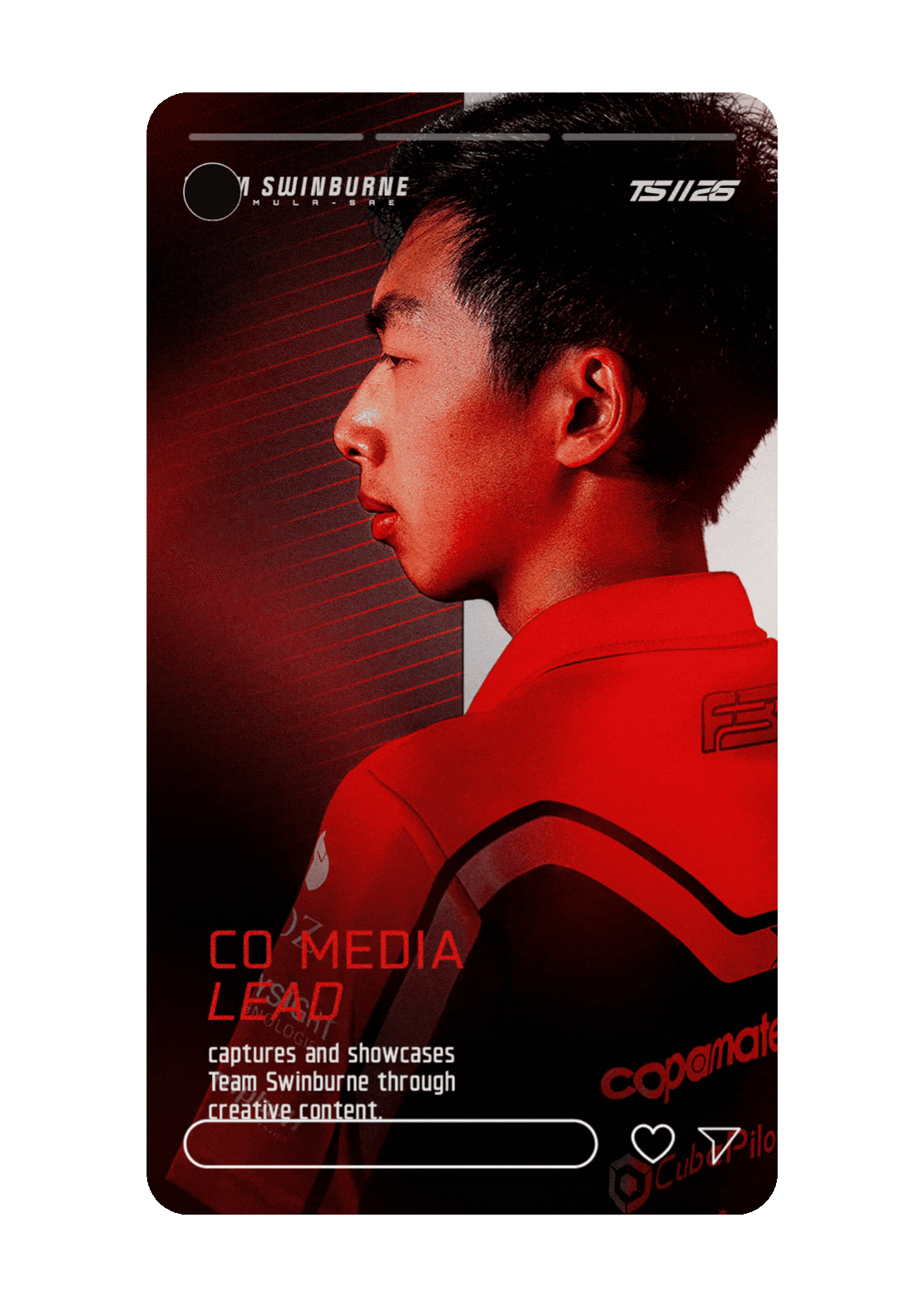 An athlete in a red team uniform with sponsorship logos, set against a red and black background with text about capturing media and showcasing team content.