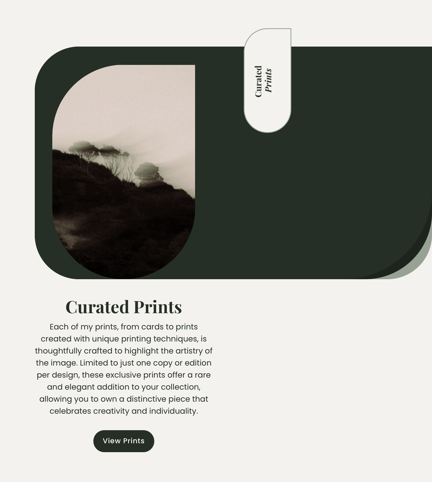 A promotional web page for curated prints, showing a dark green background with a rounded rectangular photo of a foggy landscape featuring trees on a hill, and descriptive text about the art prints.