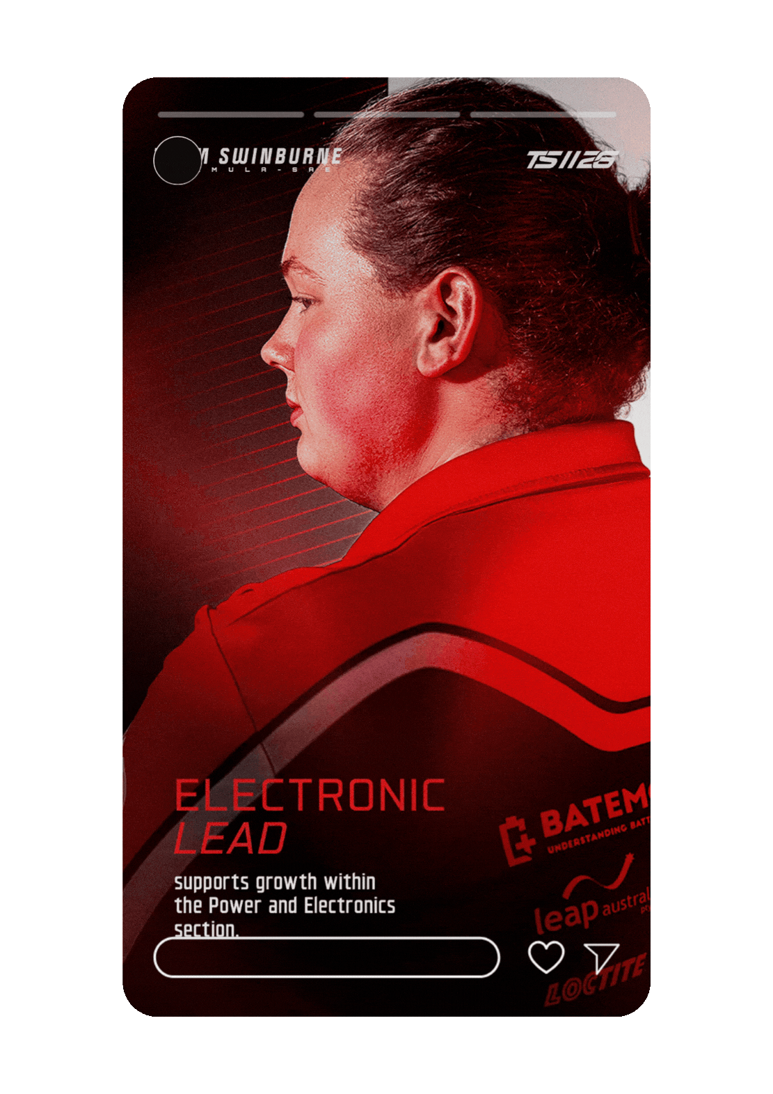 A promotional poster featuring a woman in profile with dark hair, red and black clothing, and various brand logos. The text highlights 'Electronic Lead' supporting growth in the power and electronics sector.