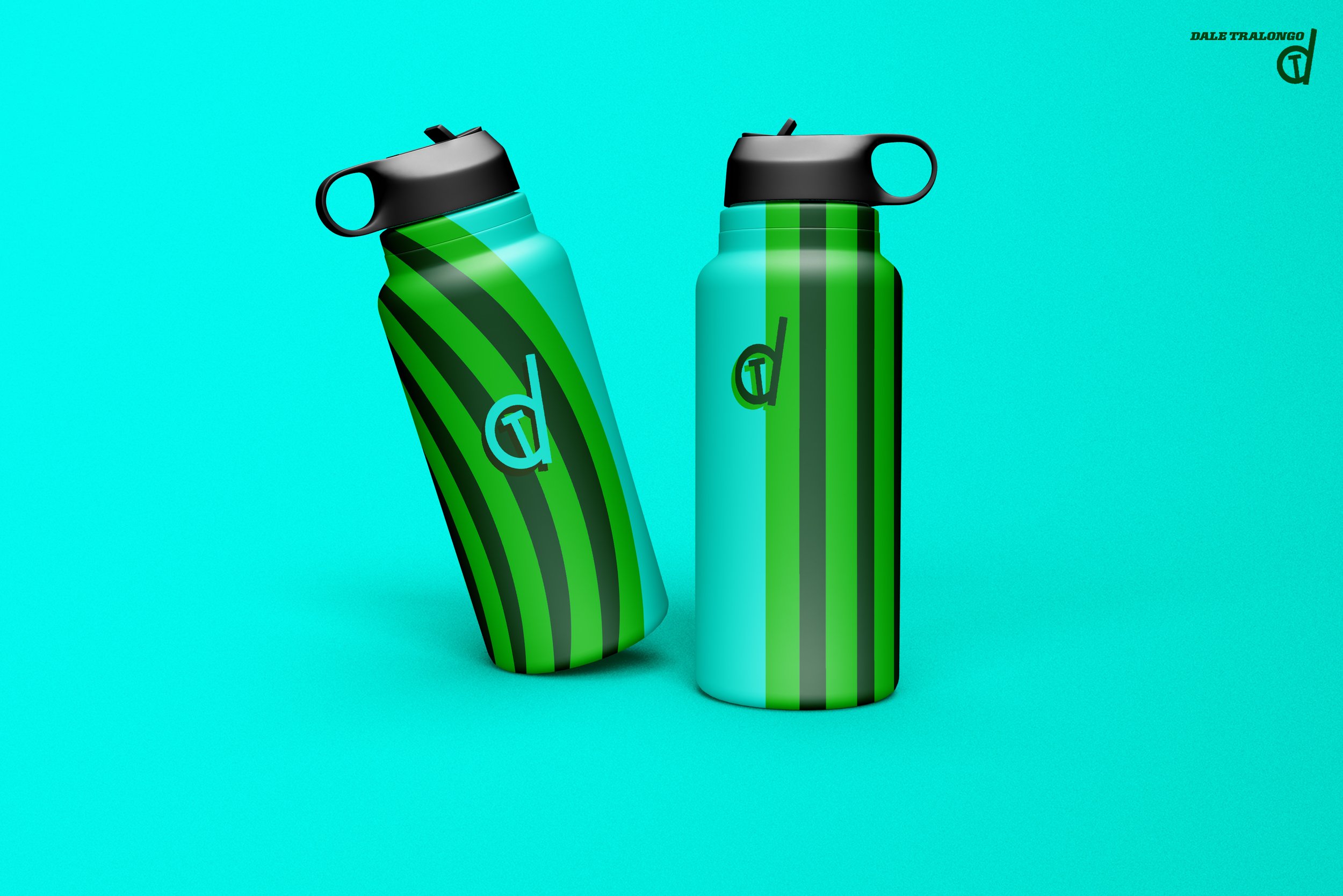 Two water bottles with black lids and green striped designs on a turquoise background.