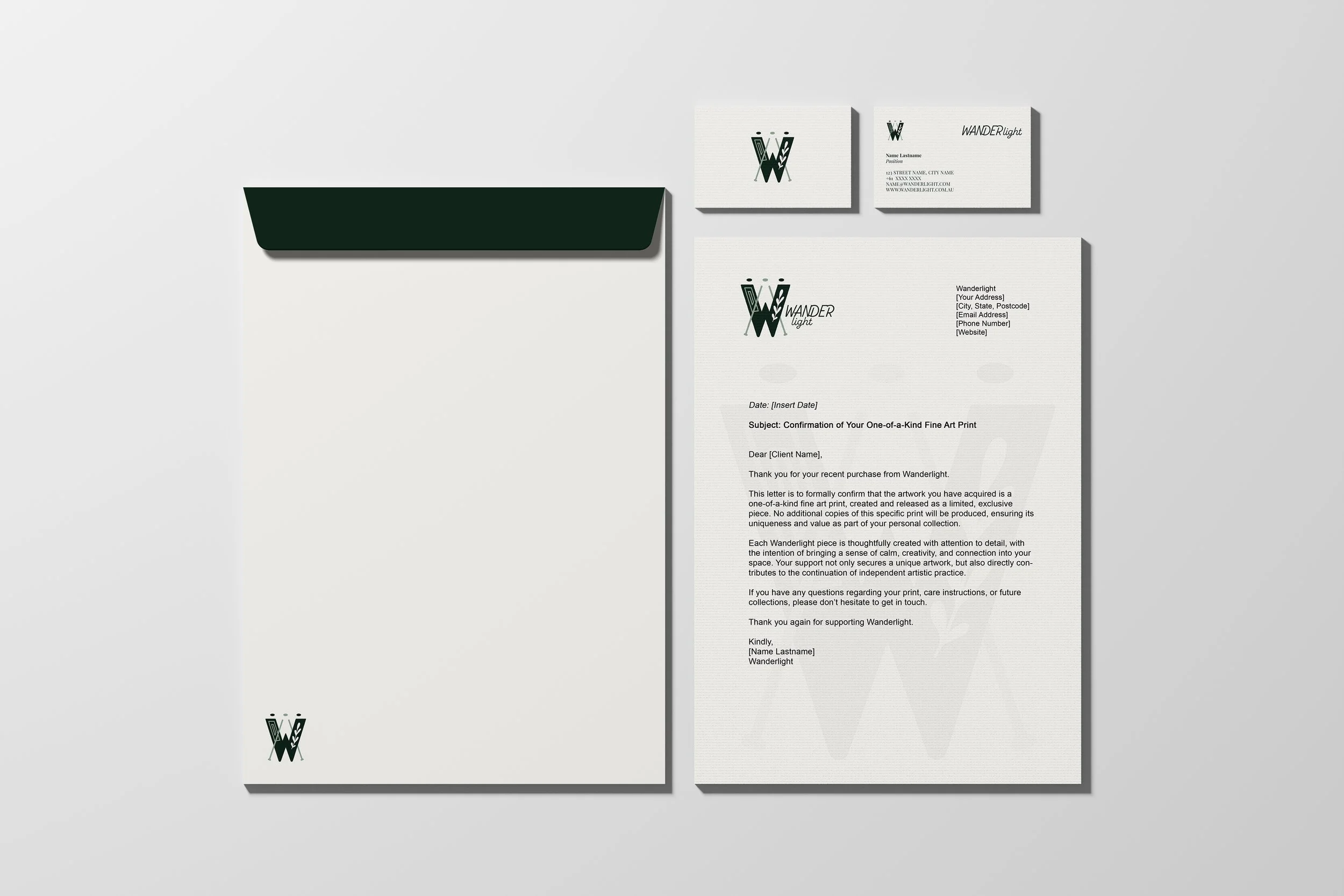 Business stationery featuring a logo with the letter W and the word Wanderlight, including a letter, business card, and envelope, arranged on a light gray background.