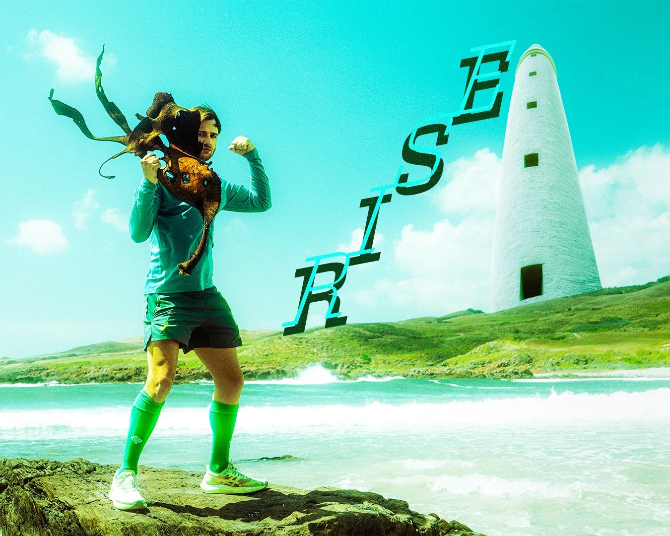 A man in sporty clothing and green socks standing on a rocky shore holding a large sea creature, with a lighthouse and green hills in the background, and the word 'IRISH' written in stylized text.