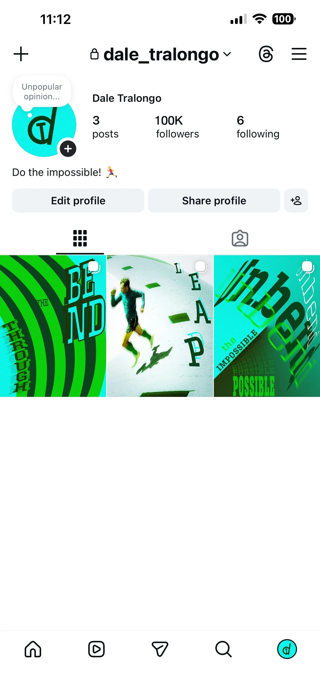 Instagram profile page of Dale Tralongo with a profile picture and three posts featuring motivational text and a person jumping.