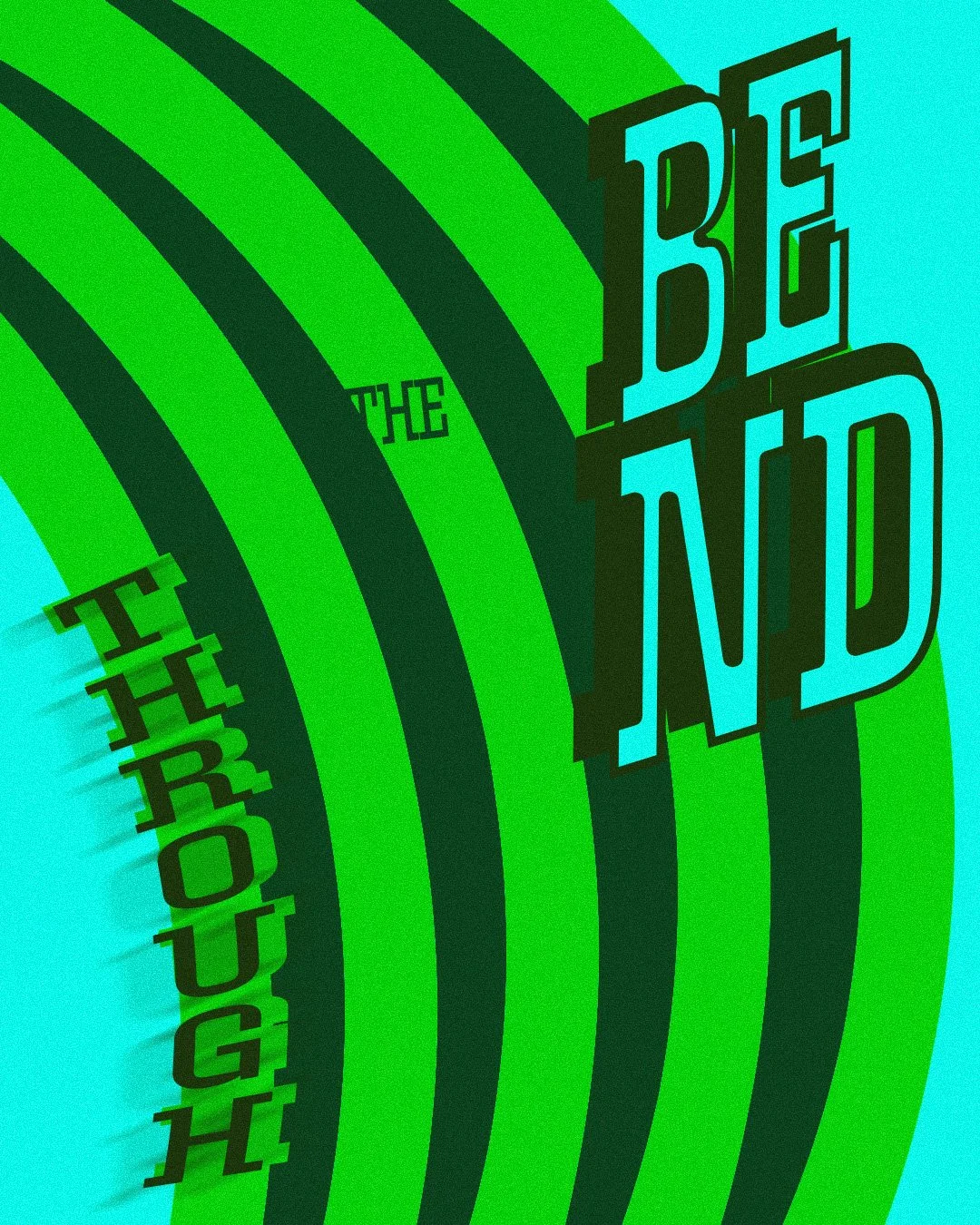 A vibrant, psychedelic graphic design featuring the words "BE THE FUTURE" in bold 3D letters, with green and turquoise curved stripes creating a dynamic background.