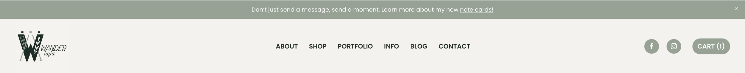 Screenshot of a website header for Wander Light with a logo of a stylized letter W and a lantern, menu options including About, Shop, Portfolio, Info, Blog, Contact, and social media icons for Facebook, Instagram, and a shopping cart