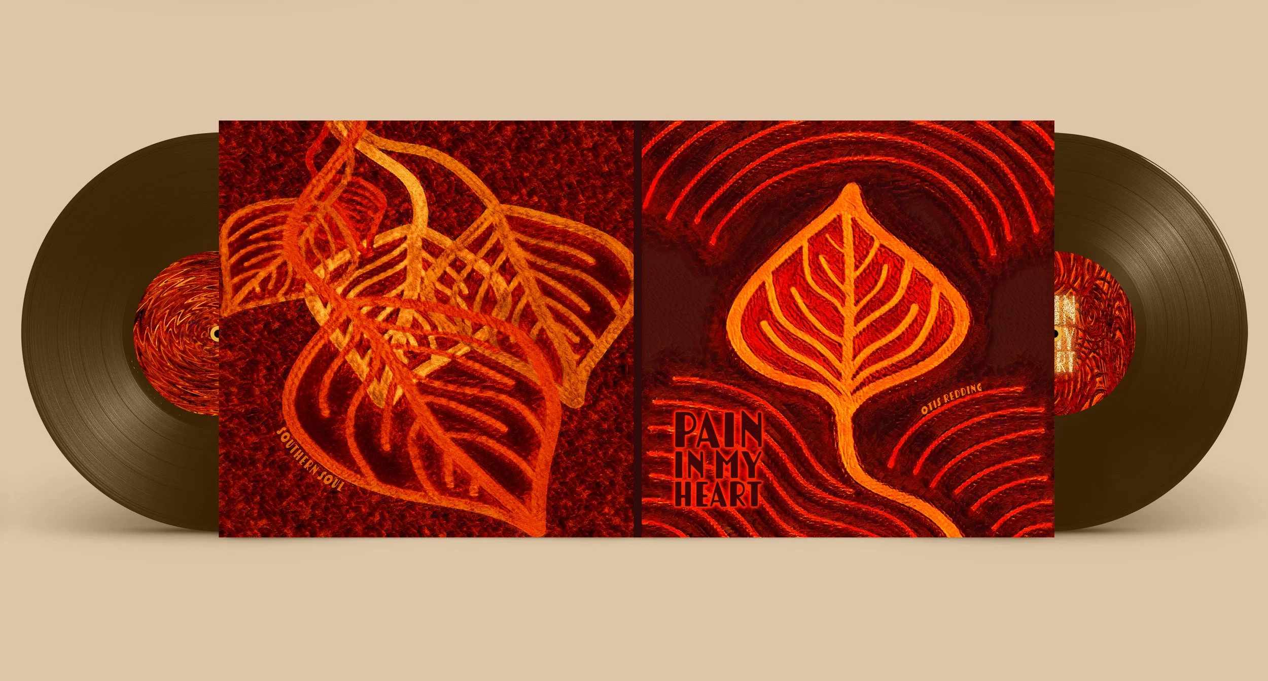 Vinyl record with album cover art featuring abstract red and orange leaf illustrations and the text "Pain in My Heart" by Otis Redding.