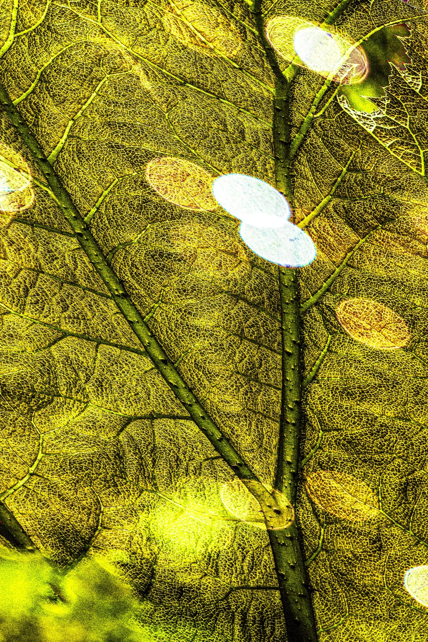Close-up of a leaf with detailed veining and sunlight shining through, creating bright spots.