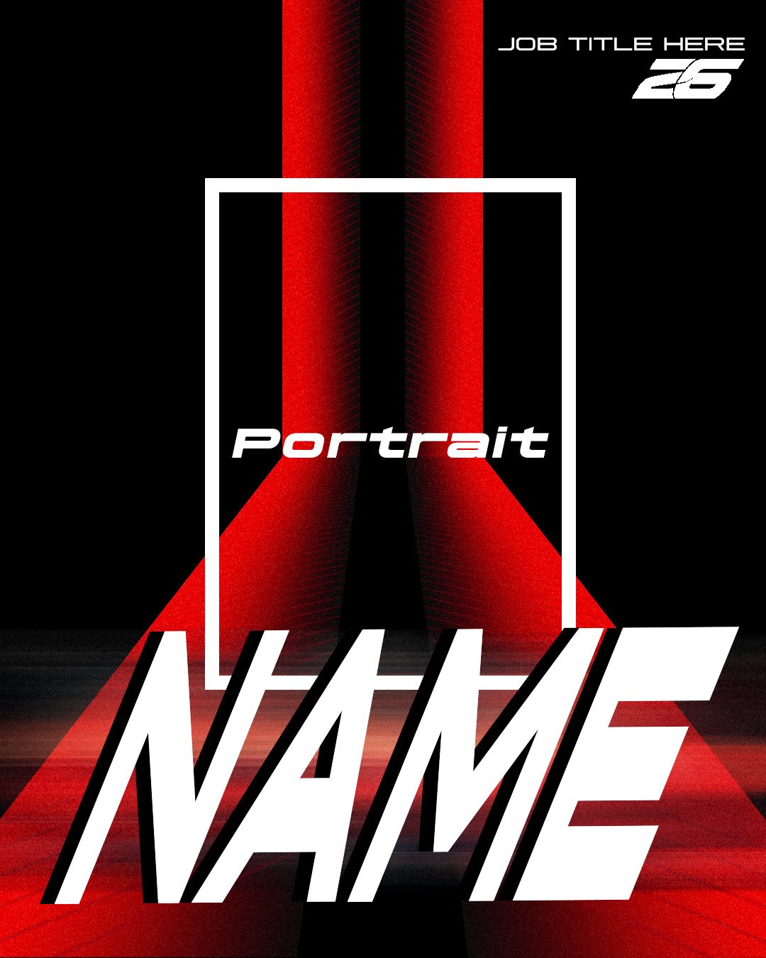A sports-themed resume template with a black background, red graphic elements, white text placeholders for job title and name, and a section for a logo or number at the top right.
