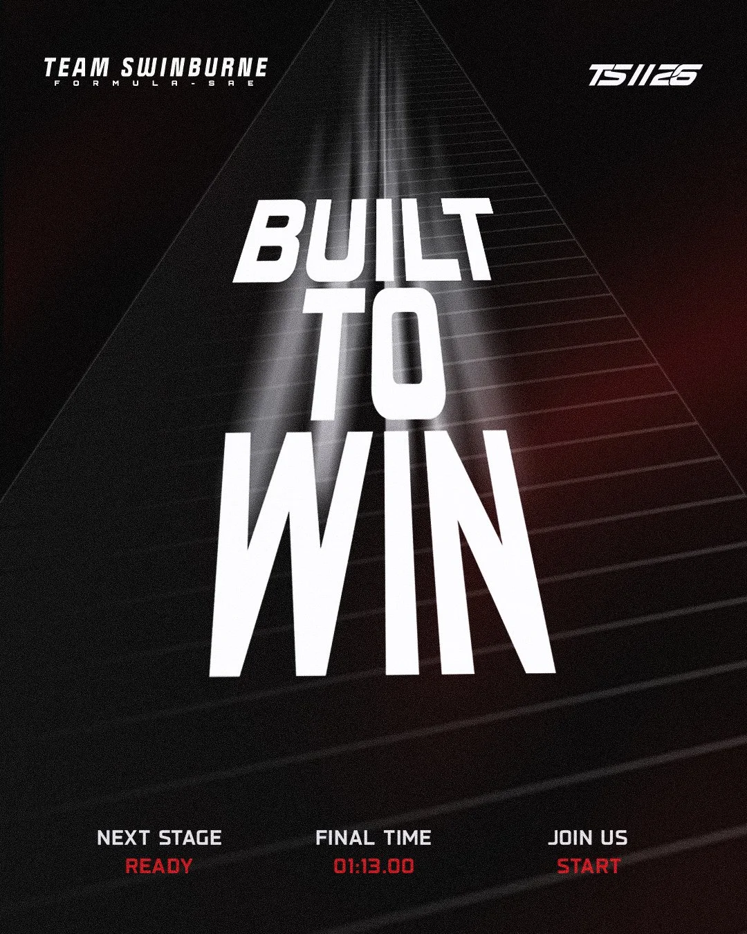 Digital race track start screen with the text 'Built to Win', showing race details: next stage ready, final time 1:13.00, join us start, and team Sunburne label.