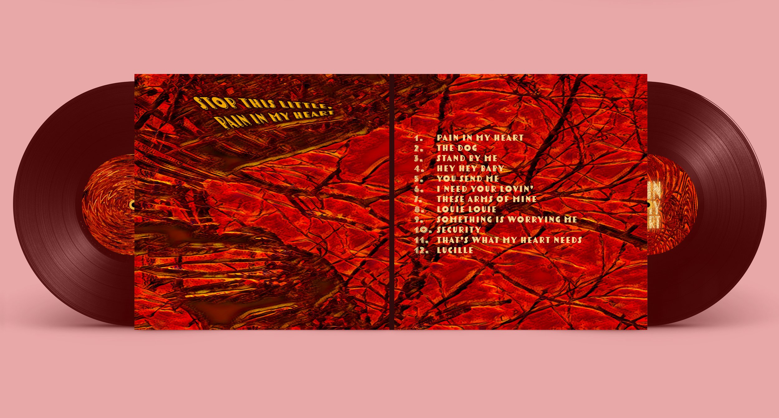 Vinyl record with album artwork featuring a cracked red surface, with the album title 'Stop This Little Pain In My Heart' and a tracklist.