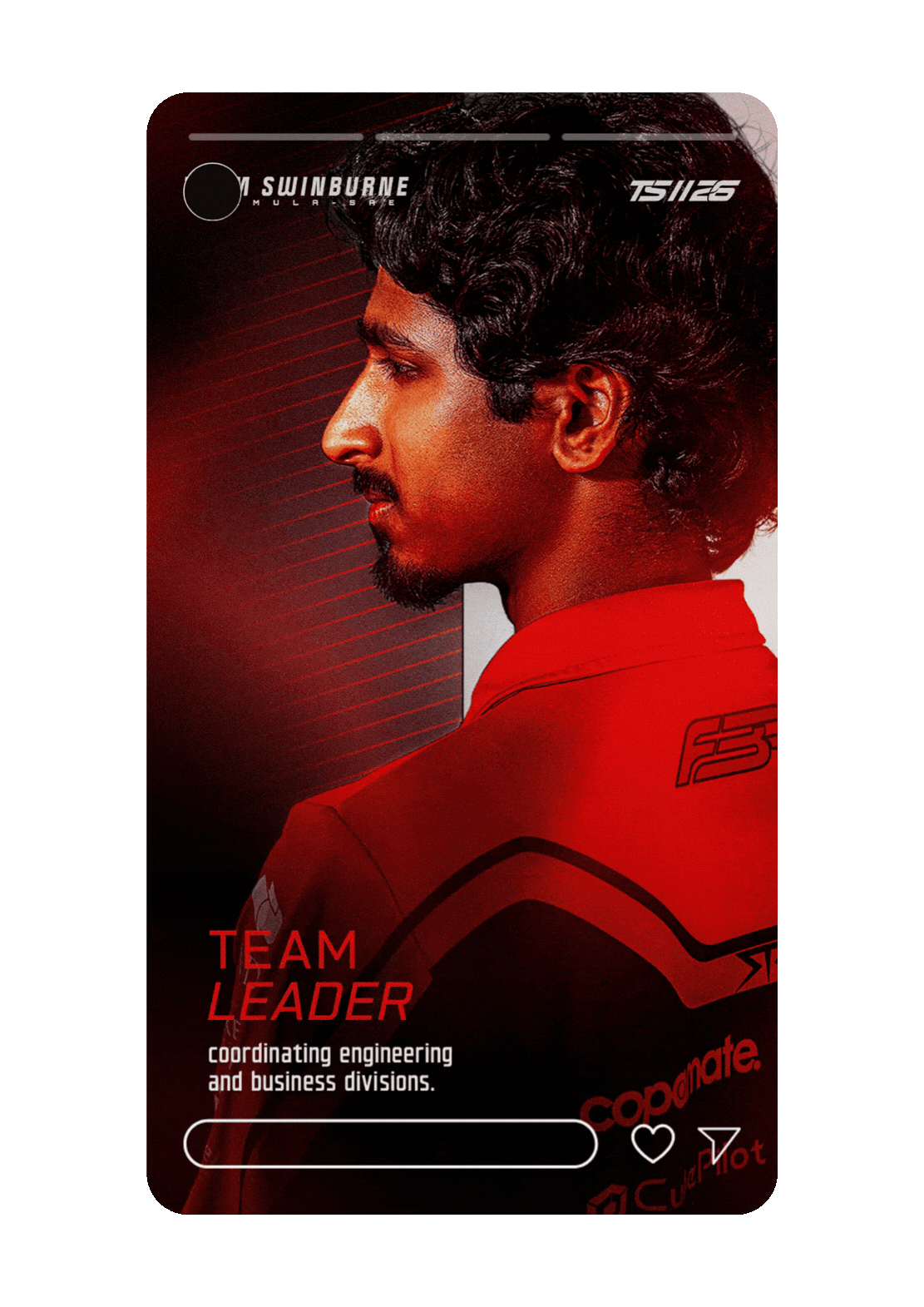Poster featuring a man in a red racing suit with dark curly hair, looking to the side. The poster promotes a team leader role in engineering and business divisions, with logos and a red background.